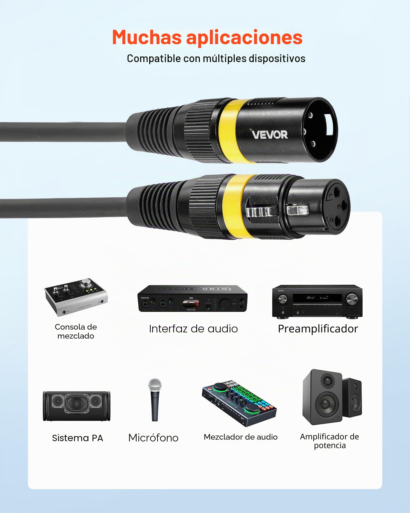 VEVOR Cable XLR 30,48 m, Cables de Micrófono DMX Balanceados Macho a Hembra, 3 Pines Chapados en Oro para Micrófono y Altavoz, para Iluminación de Escenario, Amplificadores y Mezcladores, 2 uds