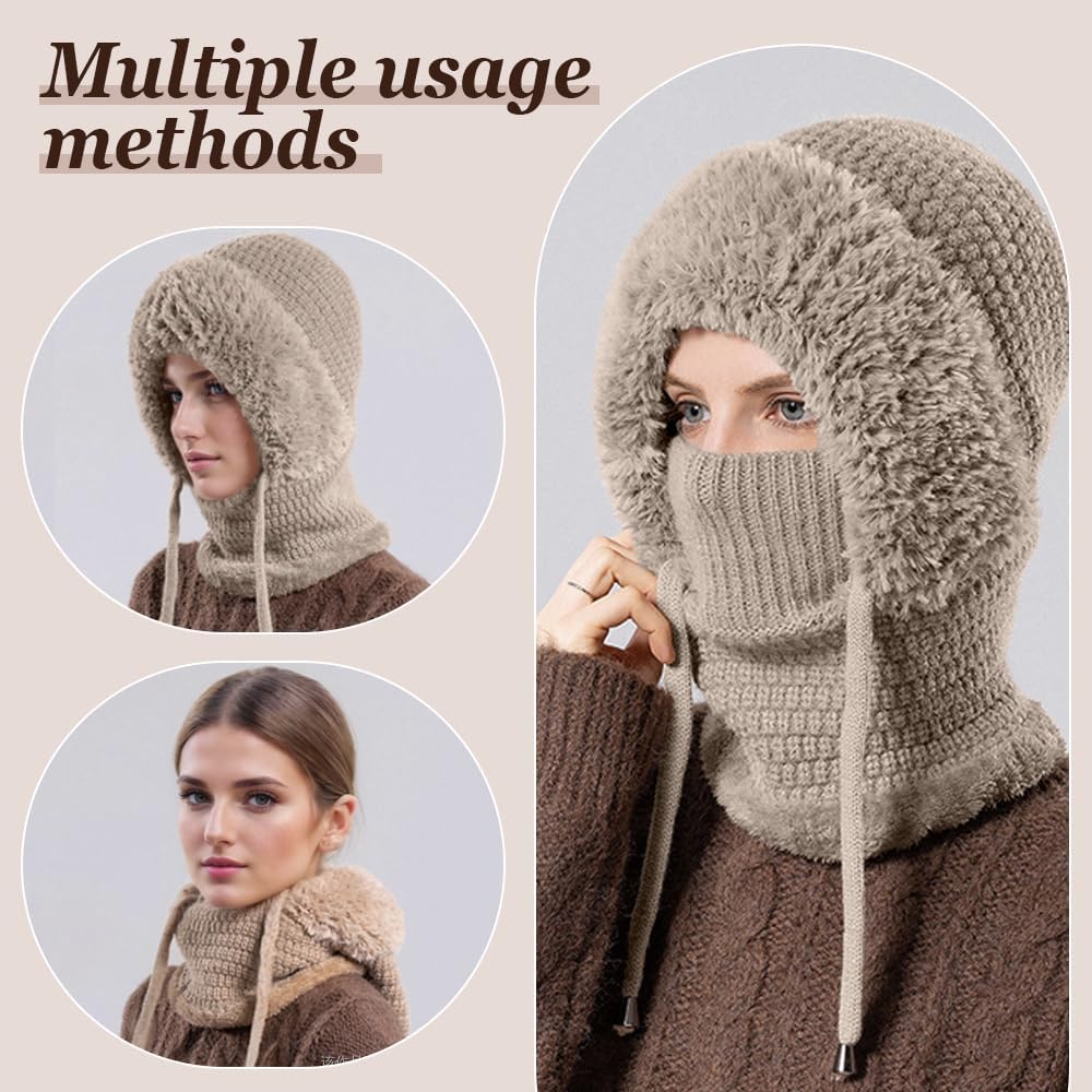 3-in-1 Winter Balaclava for Women, Outdoors Windproof Scarf Hat Face Mask Warm Knitted Windbreaker Hat for Winter