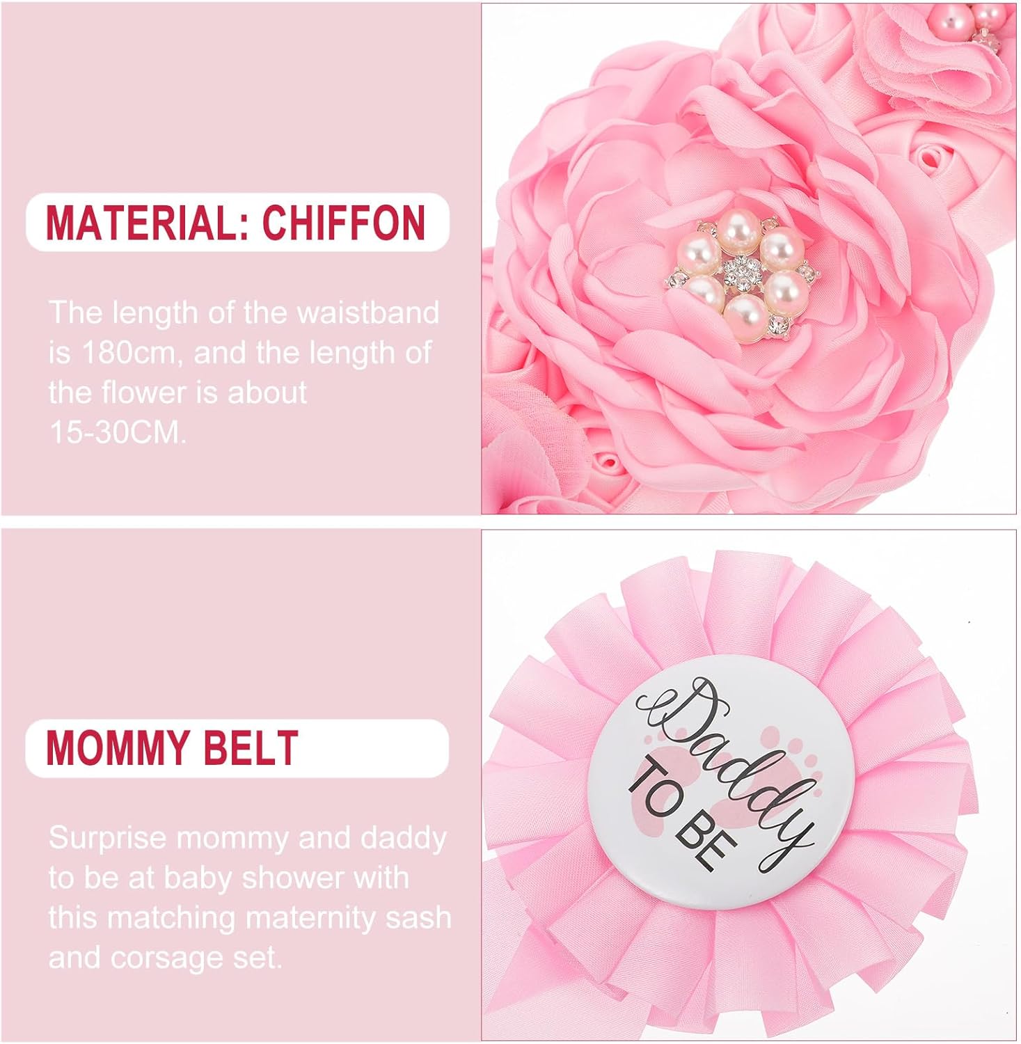 Toddmomy Maternity Sash Belt and Mommy Daddy to Be Pins Set, Pink Floral Belly Band for Baby Shower Gender Reveal Party Decorations, Keepsake Photo Shoot Props Accessories, Chiffon