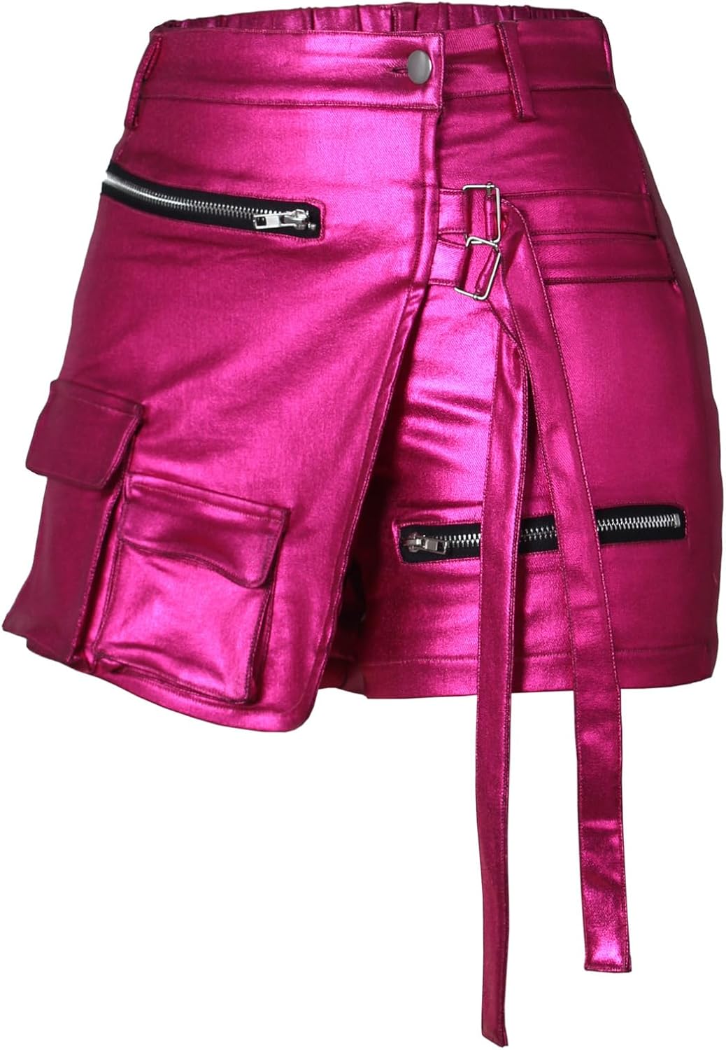 Women Sexy PU Leather Metallic Shorts High Waisted Cargo Rave Asymmetrical Skirt Skort with Bandage
