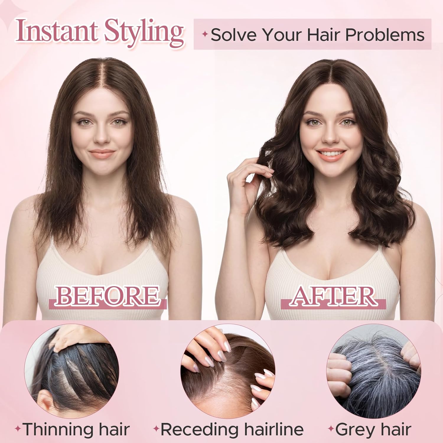 SEGOHAIR Hair Toppers for Women Real Human Hair with Wispy Bangs 3.15"x4.53" Lase Base Hair Piece with 3 Clips Easy Clip-in for Daily Volume Styling Solution 12Inches （#4R Medium Brown