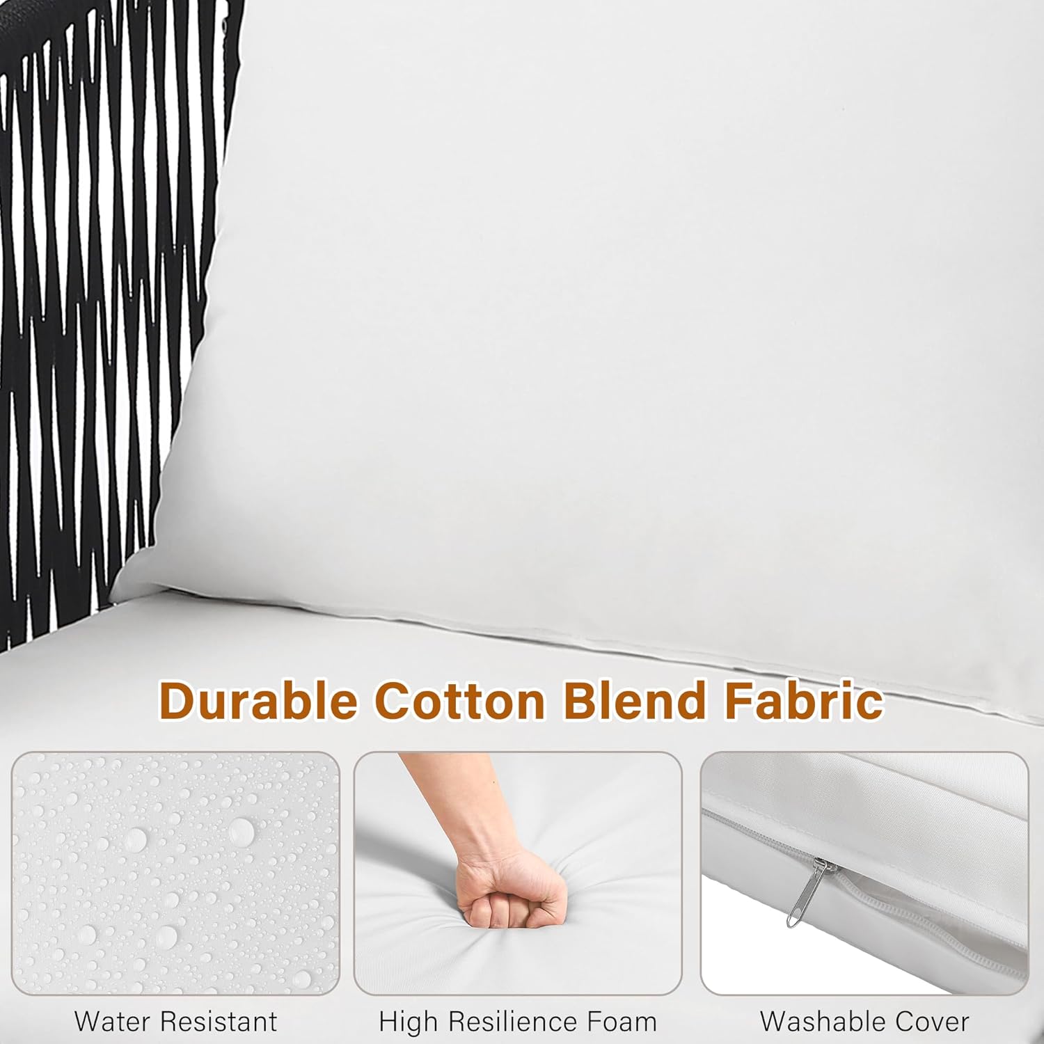Close-up of durable cotton blend fabric cushions, highlighting water resistance, high resilience foam, and washable cover