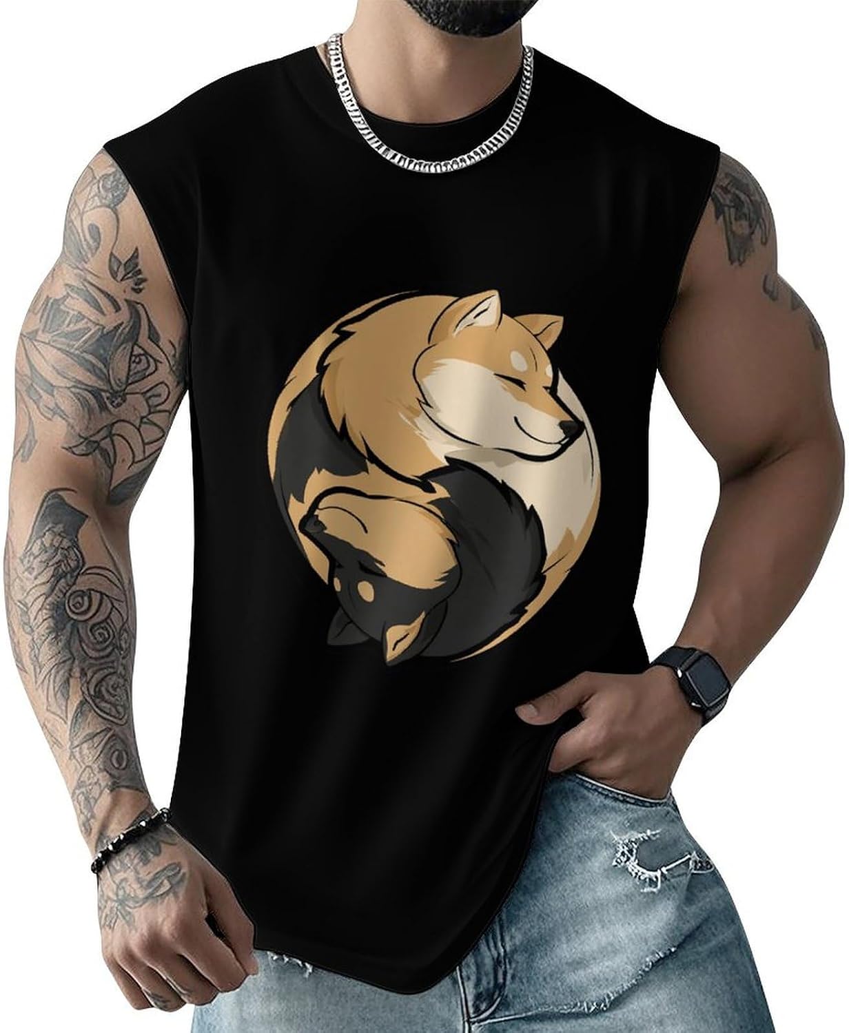 Yin and Yang Shiba Inu Men Summer Sleeveless Crew Neck Top 5XL