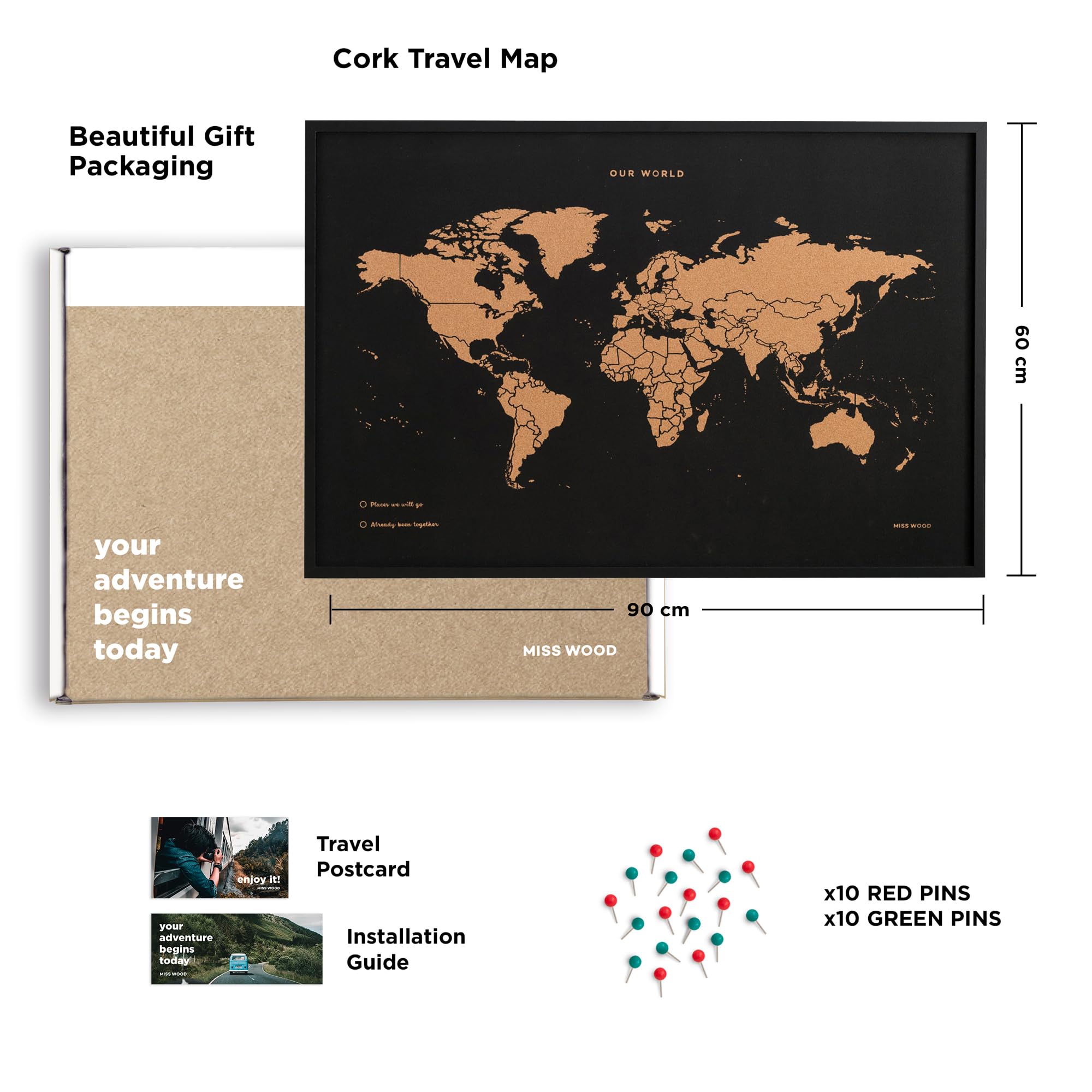 Mapa del Mundo de Corcho Special Edition con Marco 90 x 60 cm (Negro)