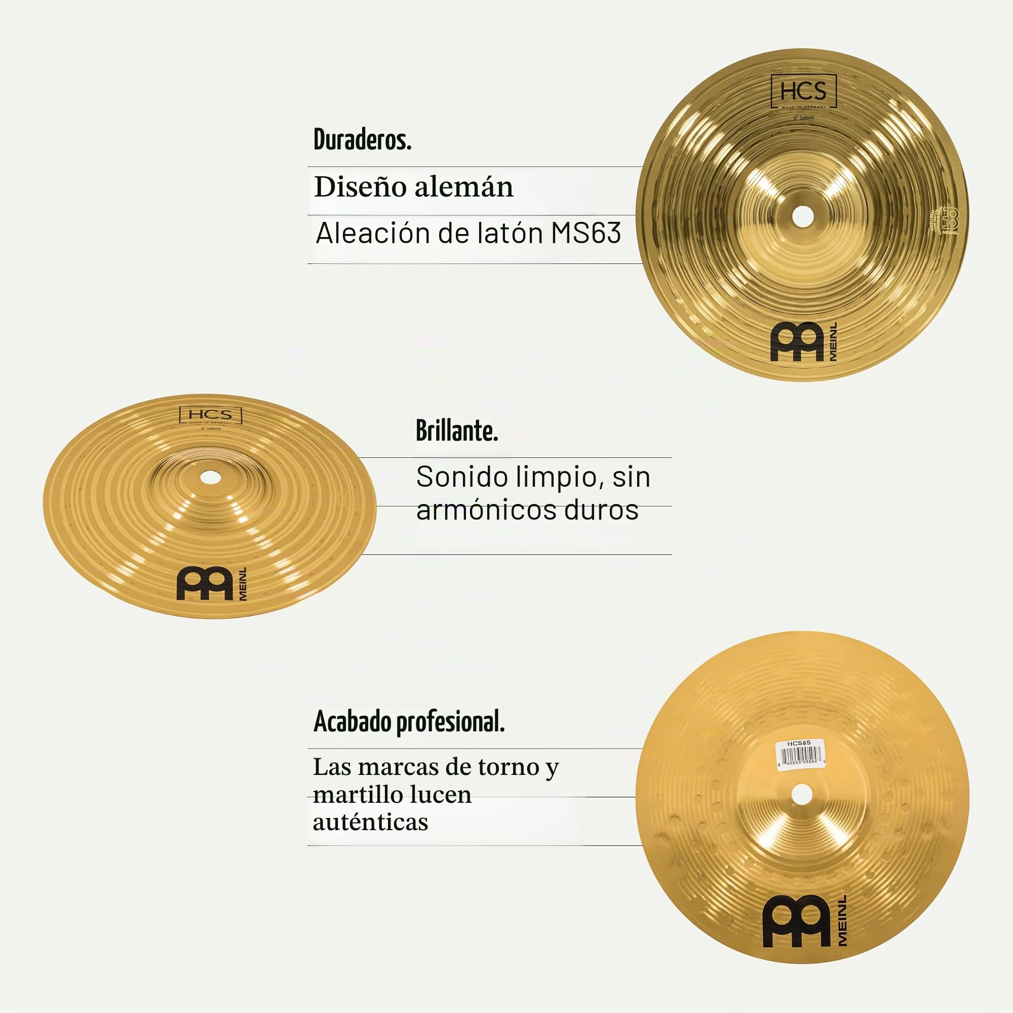 Meinl Cymbals HCS Plato Splash de 8 pulgadas (20,32cm) Platillos de Batería – Latón, Acabado Tradicional (HCS8S)