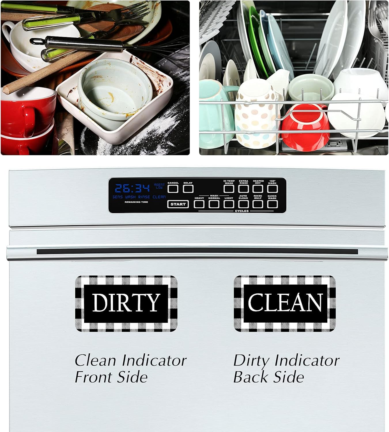Dishwasher Magnet Rustic Buffalo Plaid Clean Dirty Sign, Double Sided Kitchen Dish Washer Refrigerator Magnet Sign, Magnetic Plate for Kitchen Organization and Storage (Black and White)