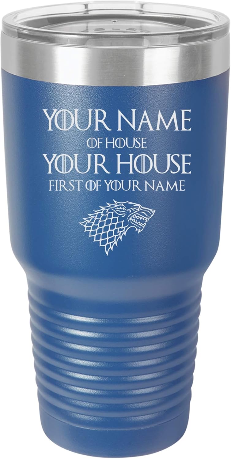 [Personalized] "Your Name of House Your House, First of Your Name" GoT Inpired Design Engraved Vacuum Insulated Travel Drink Tumbler, 30 Oz., Black
