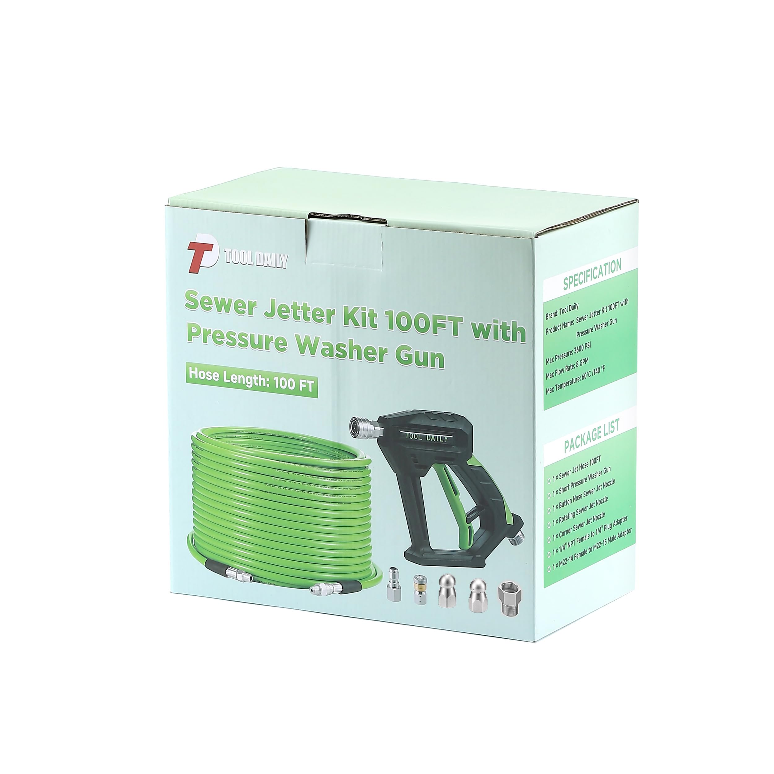 Tool Daily Kit per idropulitrice per idropulitrice, 30,5 m, pistola idropulitrice | Tubo di scarico 1/4 di pollice NPT, angolo, rotante e pulsante naso ugello a getto, 3600 PSI