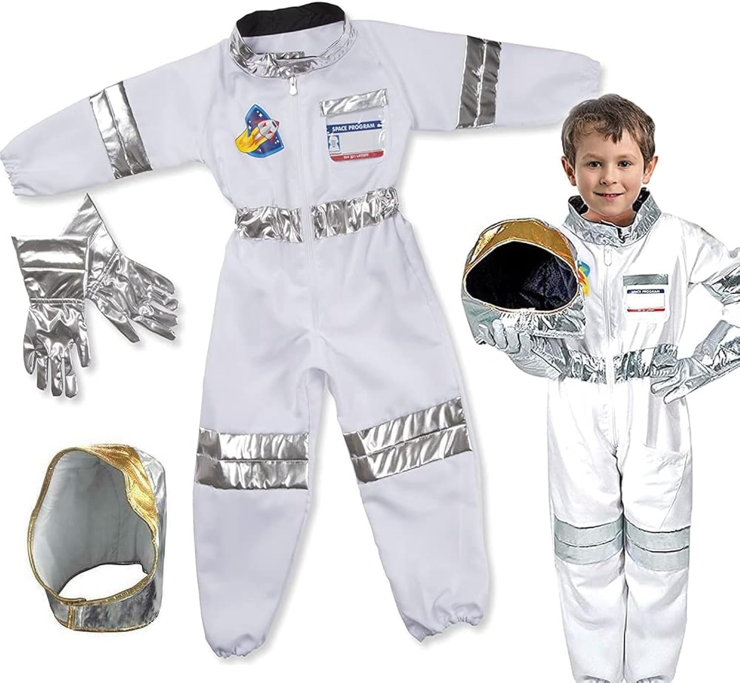 AMERTEER Kids Astronaut Costume & Space Adventure Outfit for Age 4-7, Astronaut Role Play Dress Up Set for Boys & Girls Pretend Play, Party, Birthday & Theme Event | L90cm, W30cm, Sleeve 35cm
