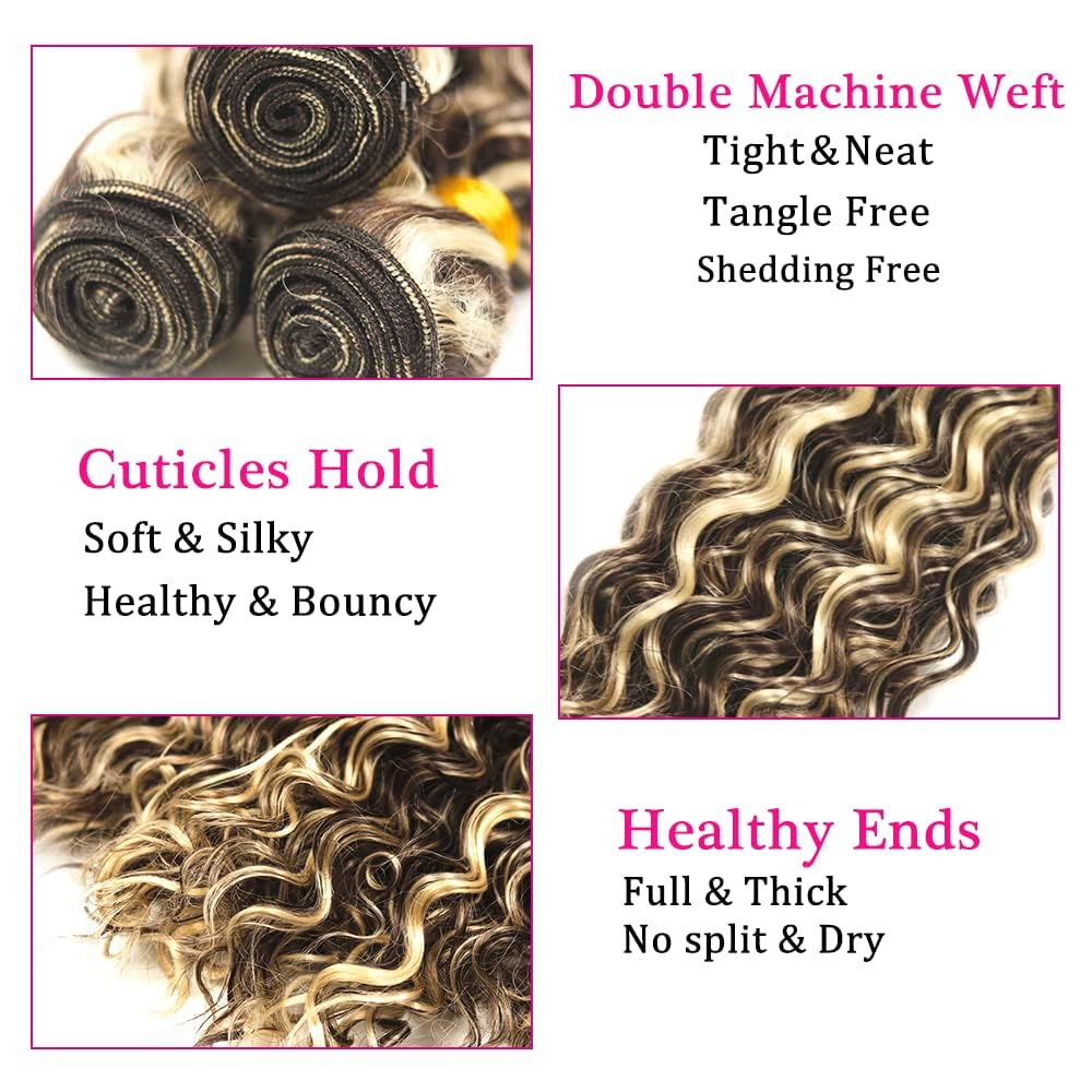 P4/613 Bundles Human Hair 24 26 28 Inch Water Wave Highlight Chocolate Blonde Human Hair Bundles 12A Unprocessed Brazilian Virgin Hair Quick Weave for Black Women