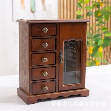 Wooden Jewelry Box, Jewelry Organizer With 5 Drawers Built-in Necklace Carousel and Mirror for Necklaces, Earring, Rings Dark Wood Color