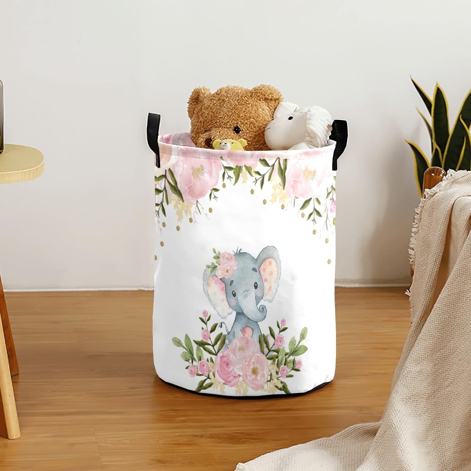 Personalized Custom Pink Floral Elephant Laundry Baskets with Name Collapsible Clothes Storage Basket with Handle for Bathroom Bedroom Kitchen