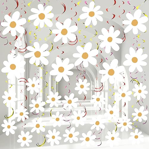 Lincia 72 piezas de margaritas Groovy Boho flores colgantes espirales coloridas margaritas de papel de aluminio para colgar en el techo, decoración