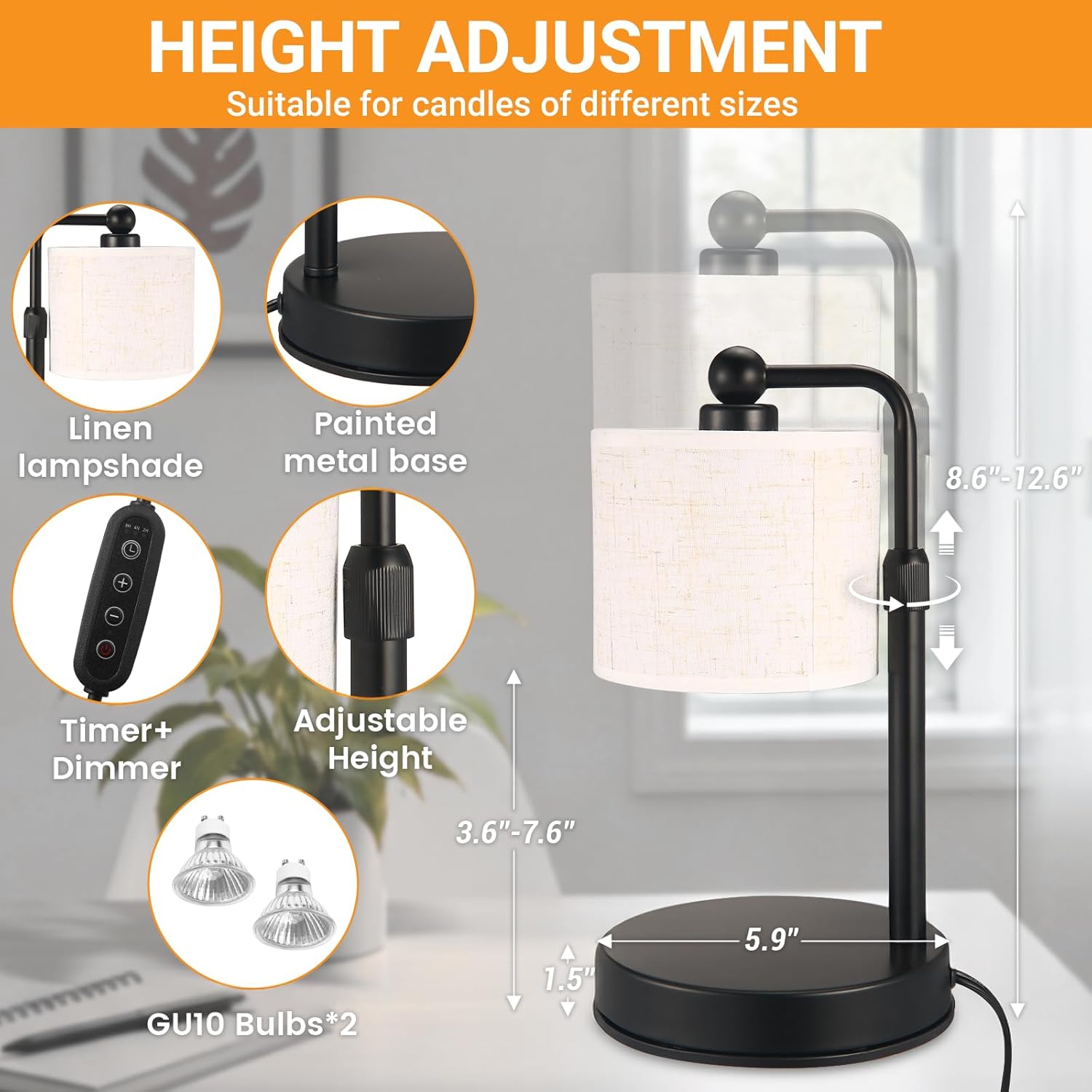 2 Pack Candle Warmer Lamp with Timer - Dimmable & Height Adjustable, Flame-Free Wax Warmer for Safe Use with Jar Candles - Home Decor Gift for Women, Mom, Wife (Bedroom or Office)