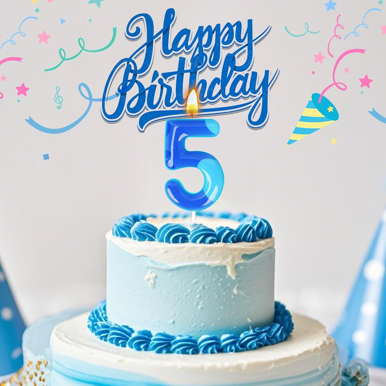 Cartoon Blue Birthday Candle, Number Candles for Cake Topper, Birthday Decoration, Cartoon Party Supplies (Blue, Number 5)