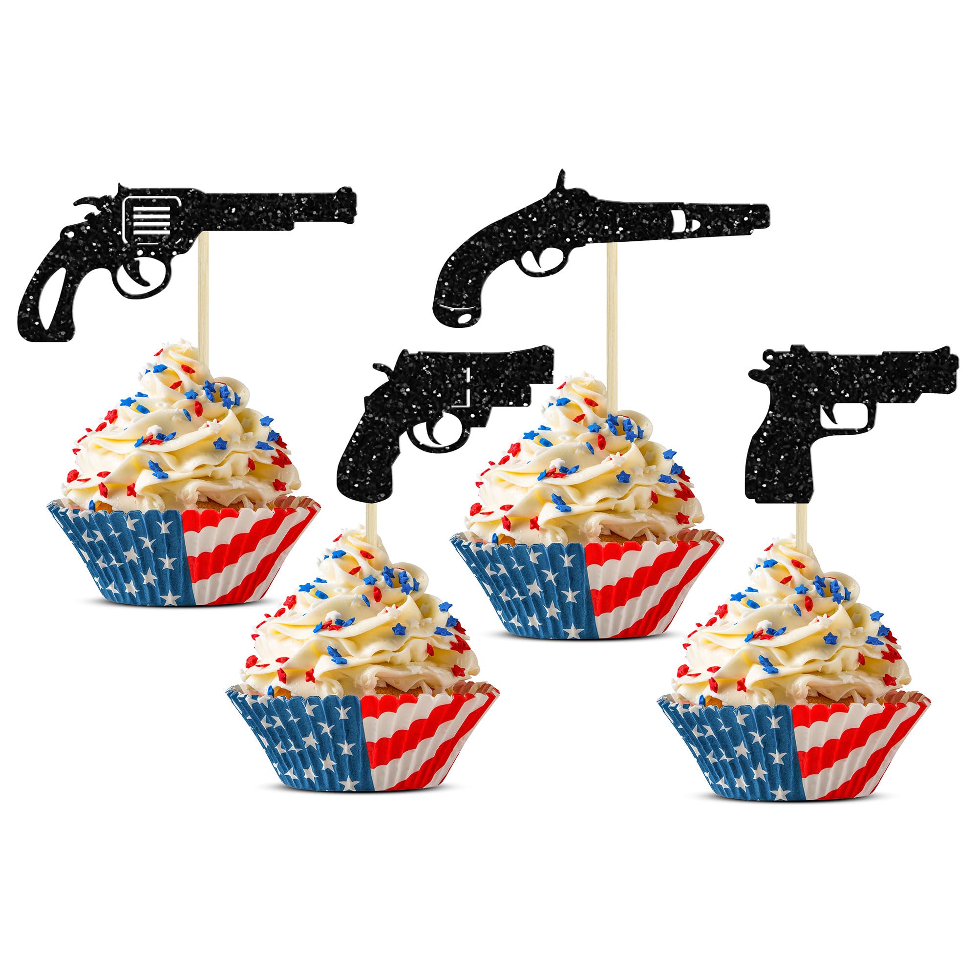 Handgun Happy Birthday Cake Topper - Black Glitter, 6 Inches, Cardstock With Wood Stick