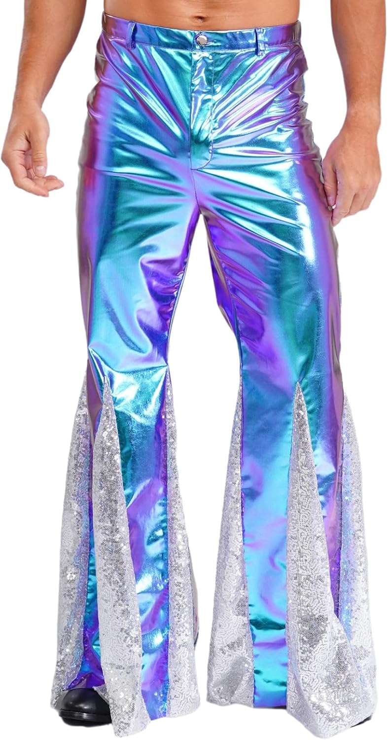 Jelory Mens Sparkling Metallic Disco Pants Groovy Bell Bottom Style Costume Accessory for Halloween and Cosplay