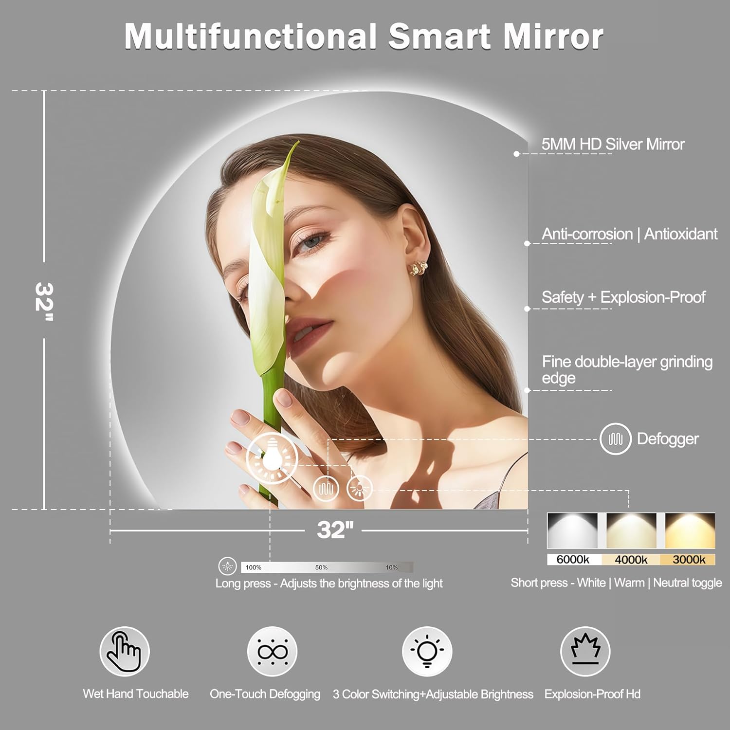 32 × 32 Led Mirror for Bathroom, Led Vanity Mirror with Backlit, Anti-Fog, Light Up Bathroom Mirror for Wall with Dimmable 3-Color Lights, Half Circle Smart, Tempered Glass, Shatter-Proof