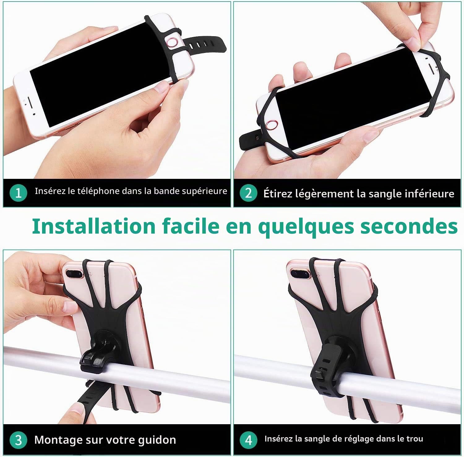 Support en silicone pour téléphone portable pour vélo, universel, rotatif à 360°, compatible avec iPhone SE/11/12/13/14 Pro Max/X/XS MAX/XR/8'' à 6,5'' Smartphones