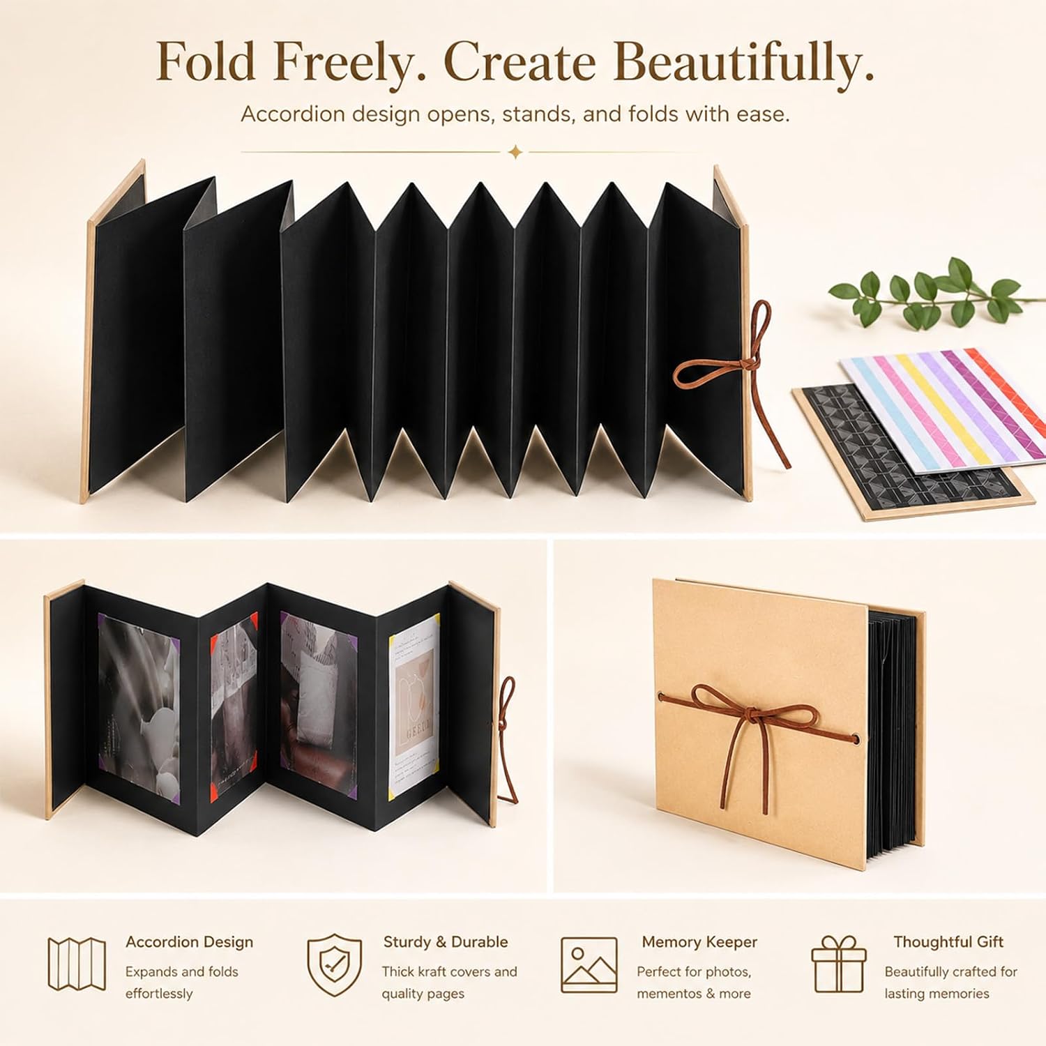 6 x 8 Inch Small Scrapbook Album with Black Pages, Stretchable Folding Paper Memory Album with DIY Accessories Set for Wedding Graduation Anniversary Birthday Party Decorations image 4