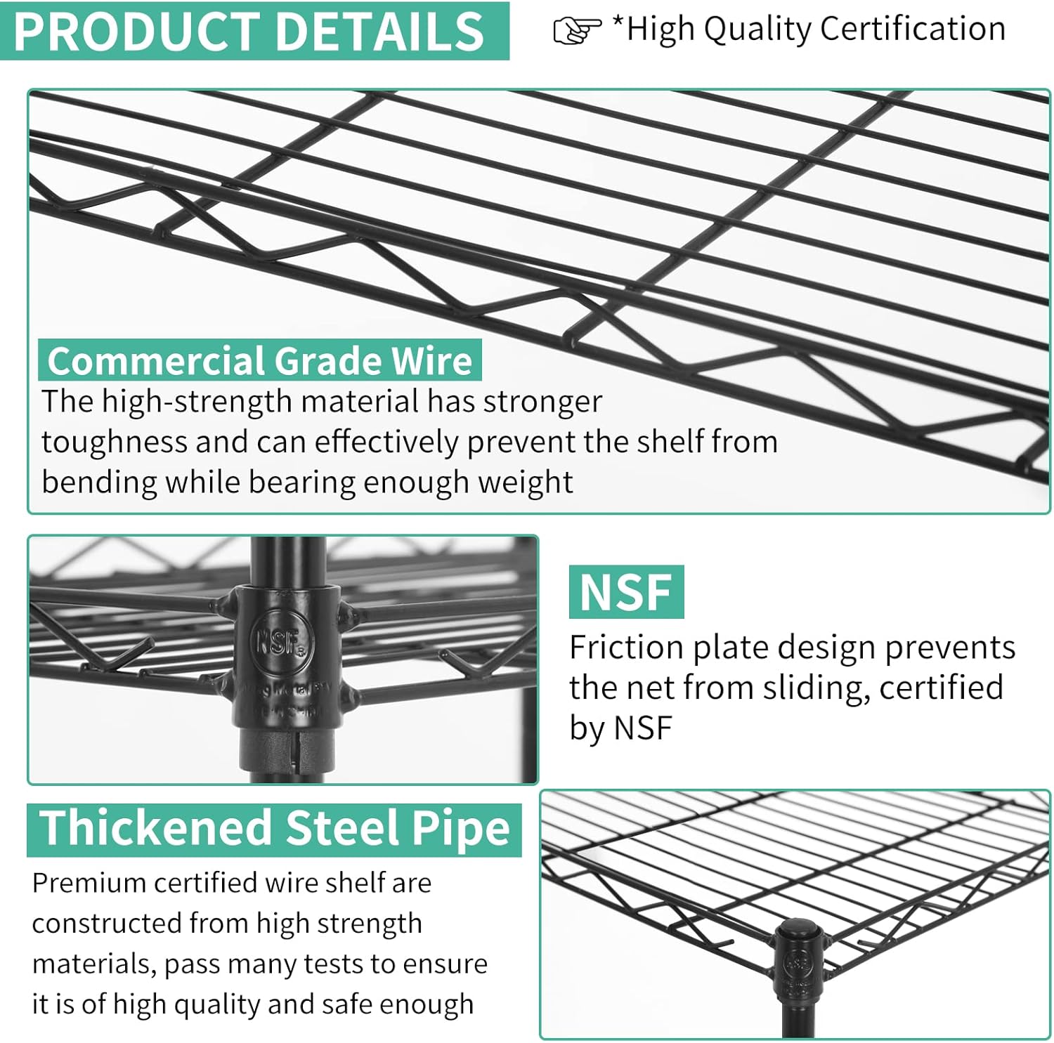 5 Tier Storage Shelves Wire Shelving Unit Adjustable Metal Shelf Heavy Duty Garage Storage Rack Wire Shelves Display Rack for Laundry Livingroom Kitchen, 16.7" L×11.8" W×47.6" H, Black