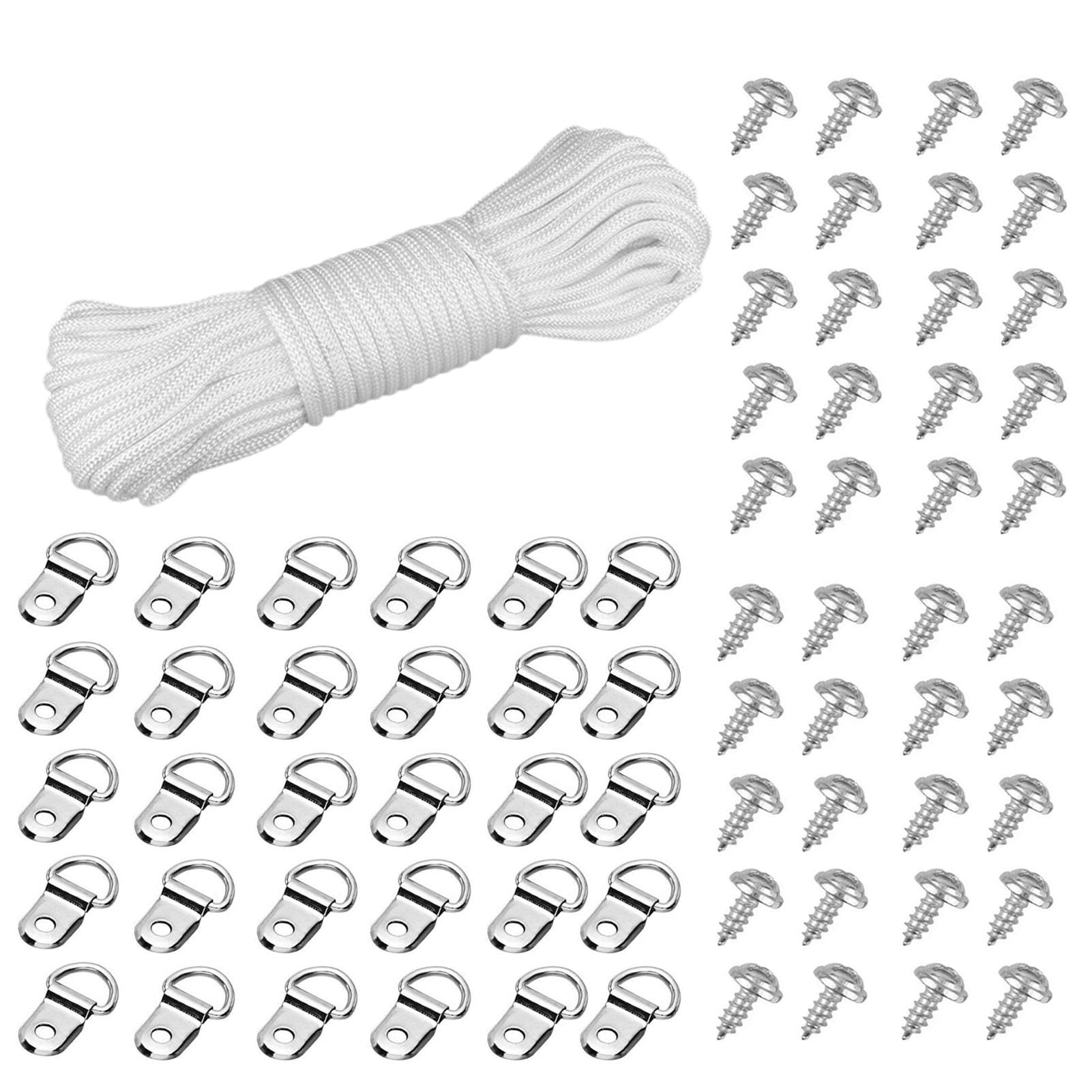 30M x 2.5mm Picture Hanging Cord, White Strong Nylon Picture Cord, Picture-Frame Hanging Cord String with 30 D-Ring Hooks and 40 Screws for Picture-Photo Frame-Hanging Decoration