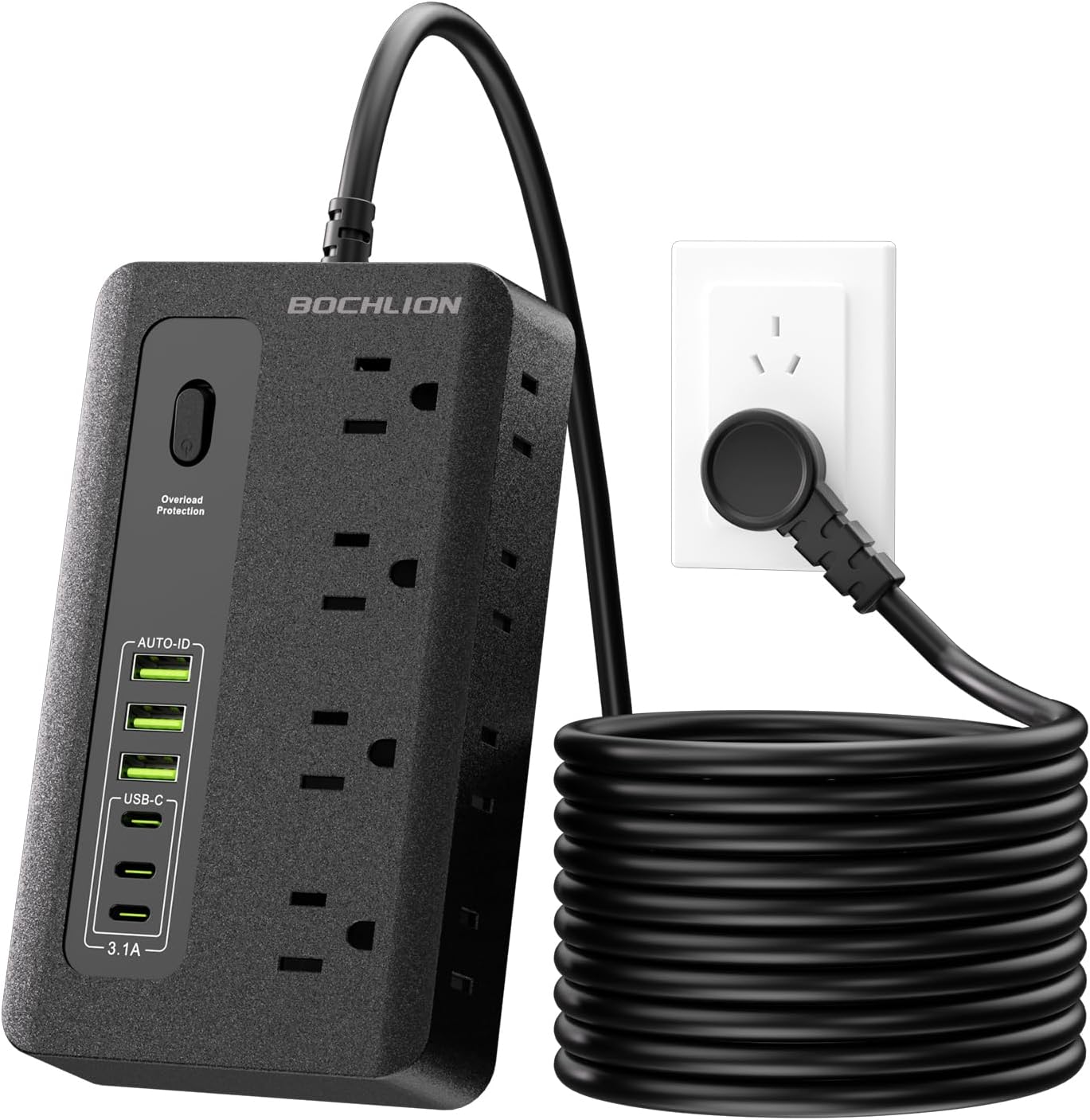 Power Strip with USB, 6ft Surge Protector Flat Plug Extension Cord with 8 Outlets, 3 USB Ports & 3 Type-C Ends (5V/3A), Home Office Outlet Extender (Black)