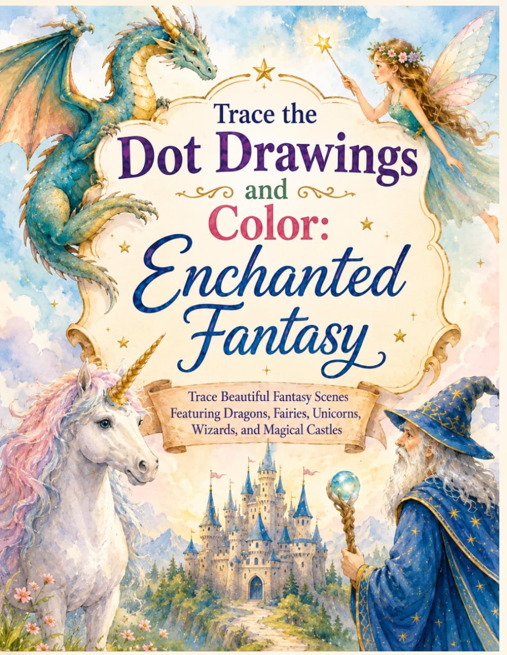 Trace the Dot Drawings and Color: Enchanted Fantasy: Trace Beautiful Fantasy Scenes Featuring Dragons, Fairies, Unicorns, Wizards, and Magical Castles Coloring Book good for adults and kids