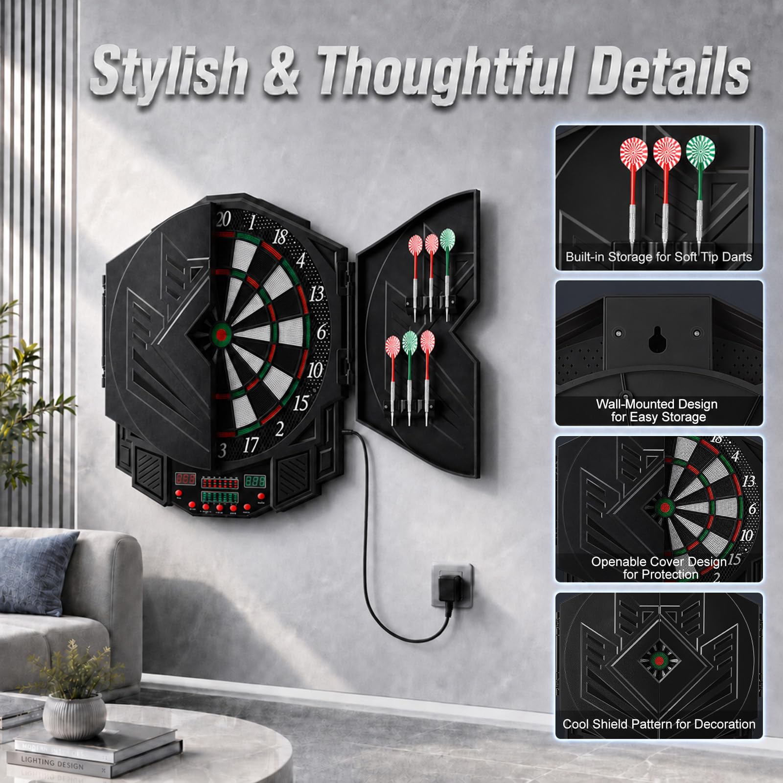 Elektronische Softdartscheibe, 27 Spiele, 216 Optionen, 1-8 Spieler