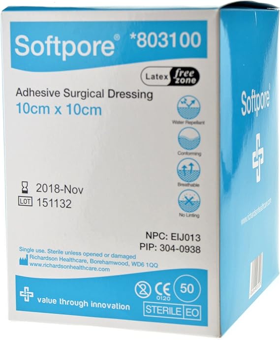 Softpore Adhesive Surgical Dressing 10cm x 10cm (10 Single DRESSINGS