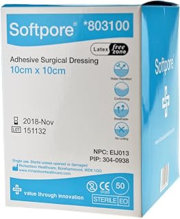 Softpore Adhesive Surgical Dressing 10cm x 10cm (10 SINGLE DRESSINGS)