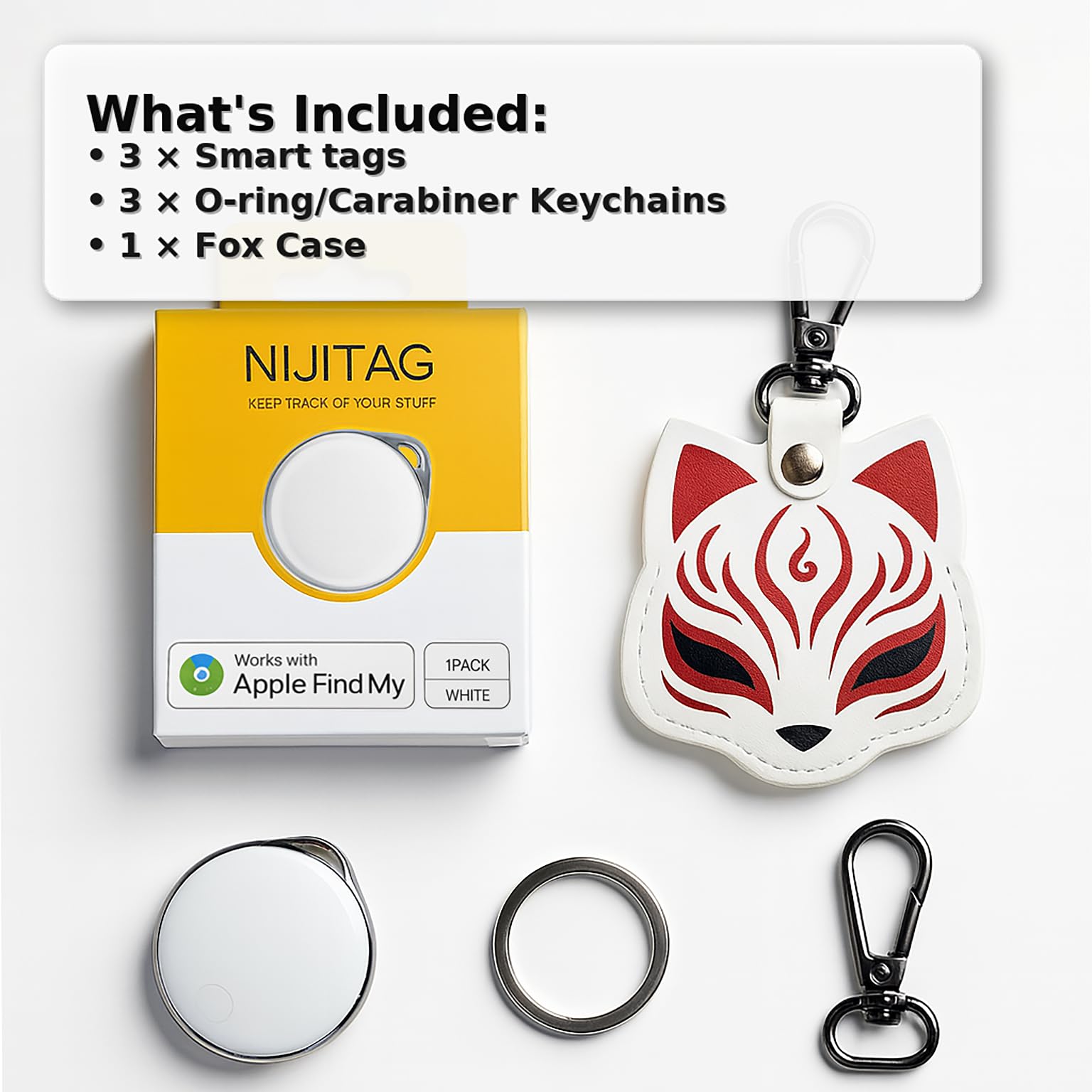 NIJITAG – Traqueur d'objets intelligents avec étui Fox par LINKSTYLE — Tracker GPS à portée illimitée alternative avec Apple Find My Network, étanche, iOS uniquement (3 étiquettes + 1 étui)