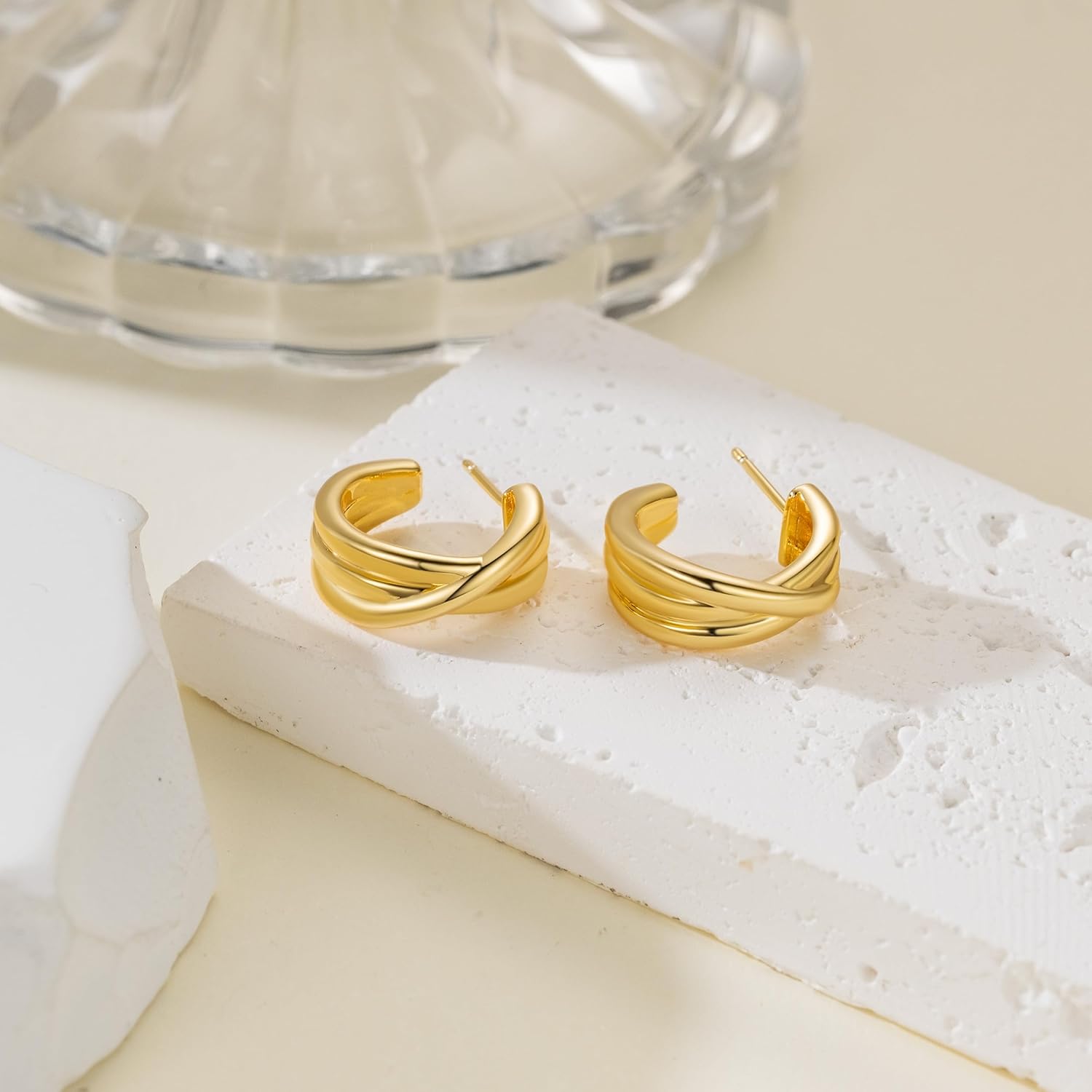 14K Gold Earrings for Women Gold Hoop Earrings Studs Striking Double X-Shaped Design Cute Hoop Earring Womens Stud Trendy 17mm