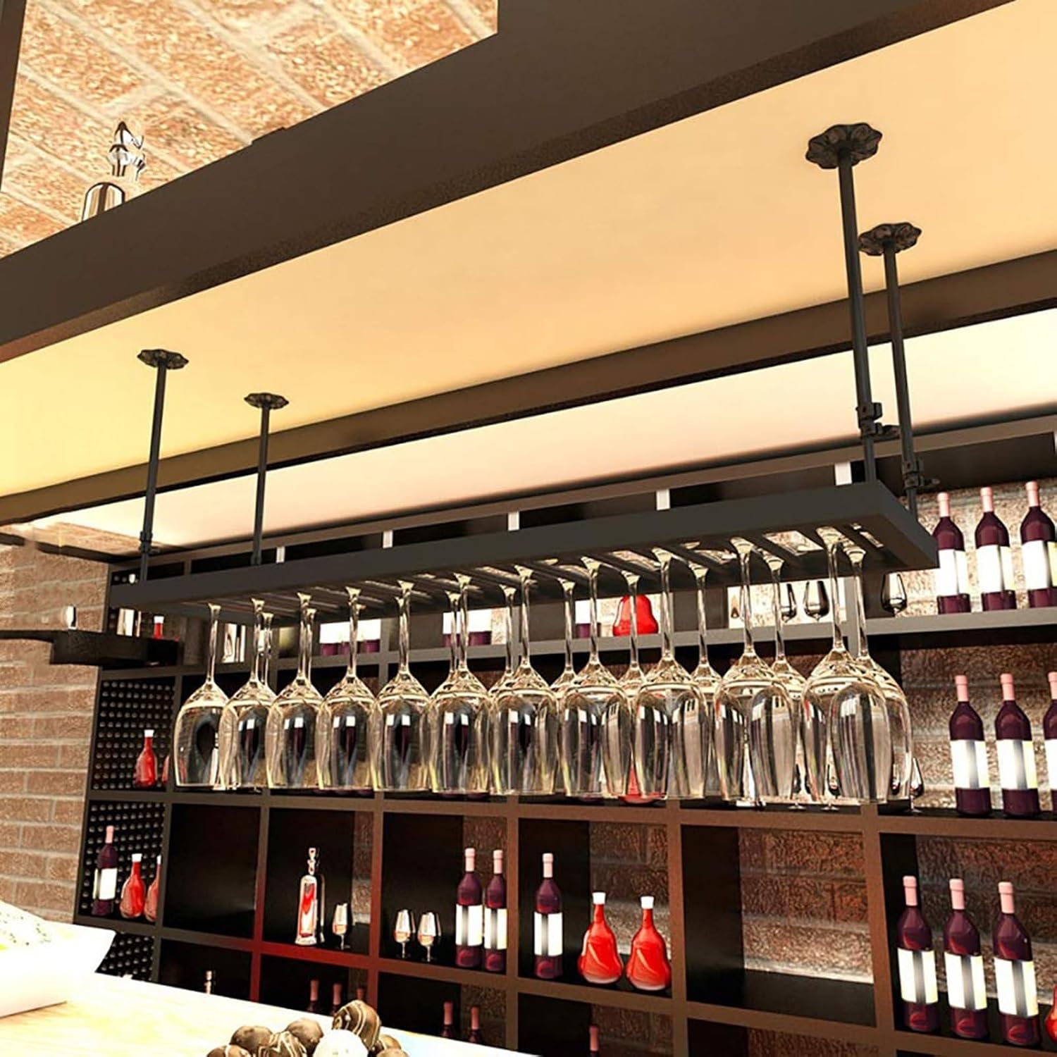 Hanging Wine Glass Holder - Ceiling Display Stand, Height Adjustable Industrial Hanging Wine Rack Ceiling Mounted Metal Shelf Shelf Holder, Wall-Mounted Floating Shelf(L50*W35cm)
