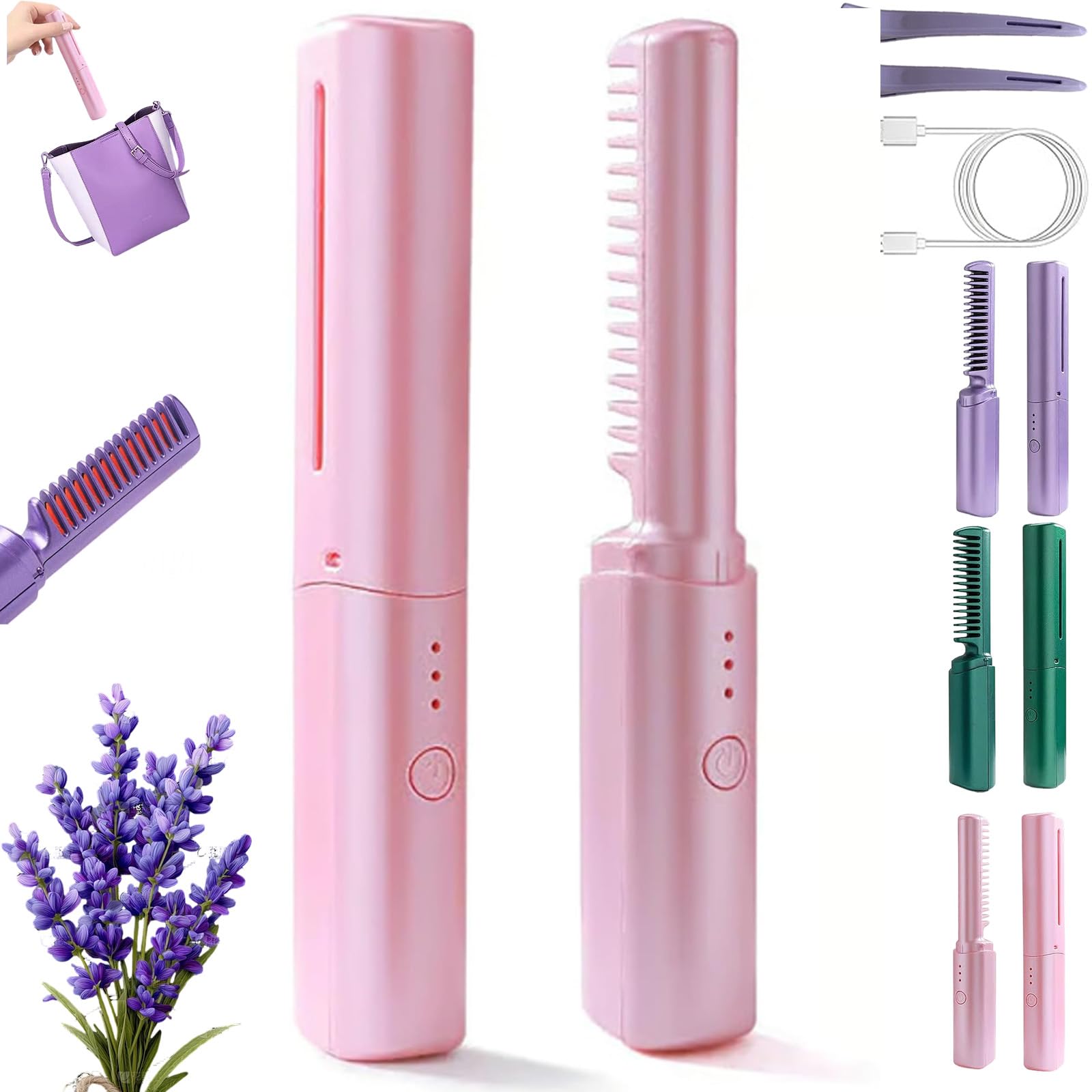 Cedar and Ash Ceramic Hairdressing Comb, Ceramic Hairdressing Comb, Mini Straightening Comb, Smooth, Frizz-Free Hair Anytime, Anywhere, 3 Heat Settings,USB Rechargeable,Cordless Fast Heat (Pink)
