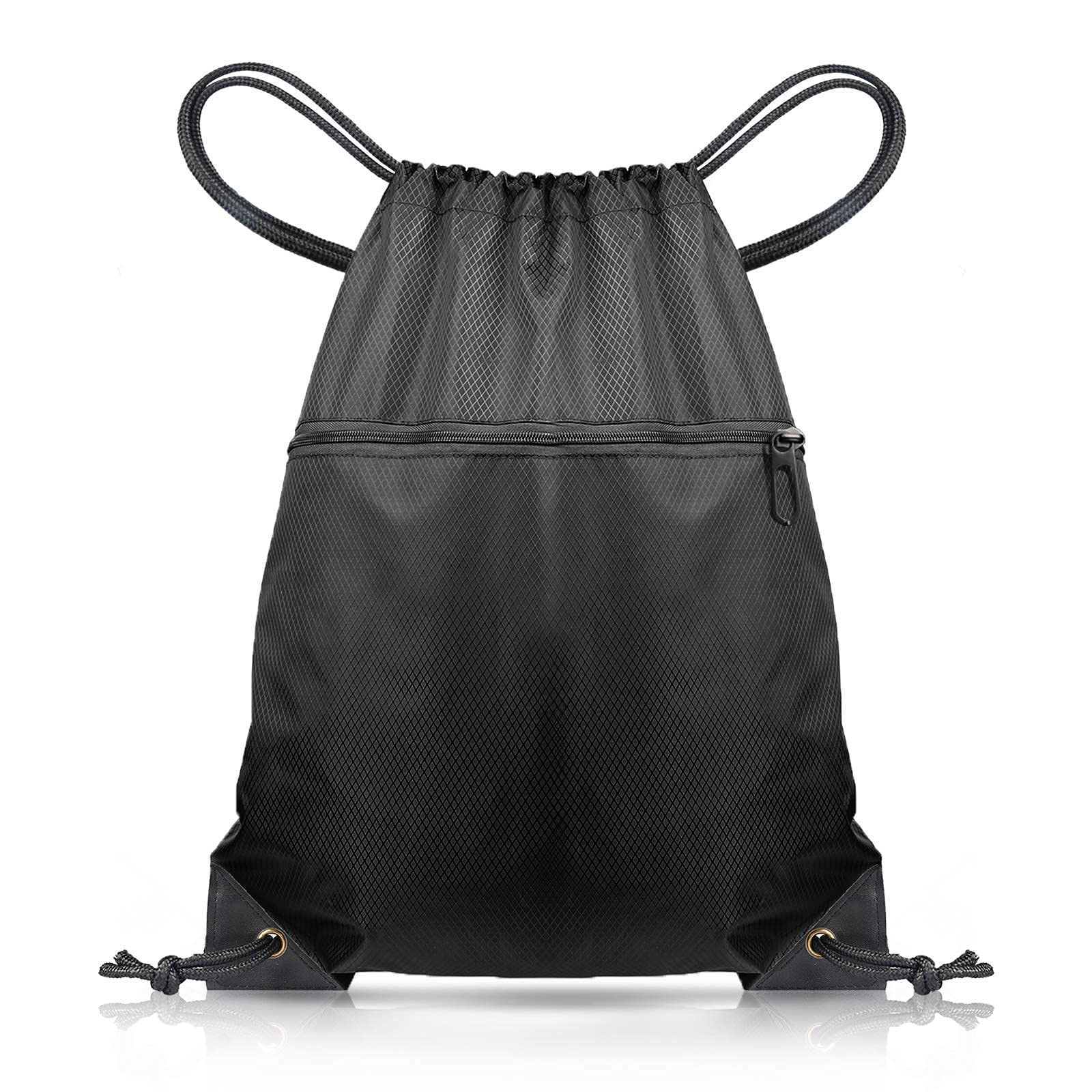 BIGTHREE Drawstring Gym Backpack, Sport Sack PE Bag, Waterproof Scratch Resistant Bag for Men and women, Large Backpack with Outside Zipper for School Beach Holidays Swimming Travel(Black)