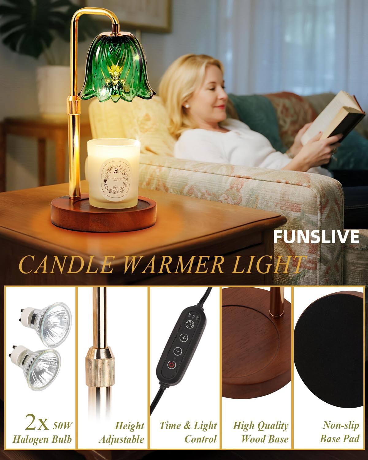 Funslive Flower Candle Warmer Lamp with Timer Dimmable, Candle Warming Lamp Height Adjustable, Birthday Gifts for Women, Candles Warmer Light for Jar Candles, Stylish Decorations