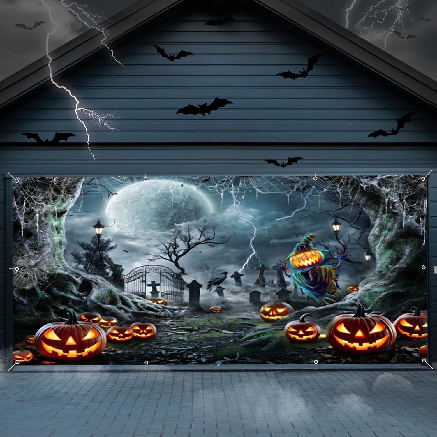 Halloween Garage Door Cover 7x16ft Scary Cemetery Graveyard Halloween Backdrop Garage Door Decorations Banner Horror Night Pumpkin Lantern Background Spooky Backdrops for Party