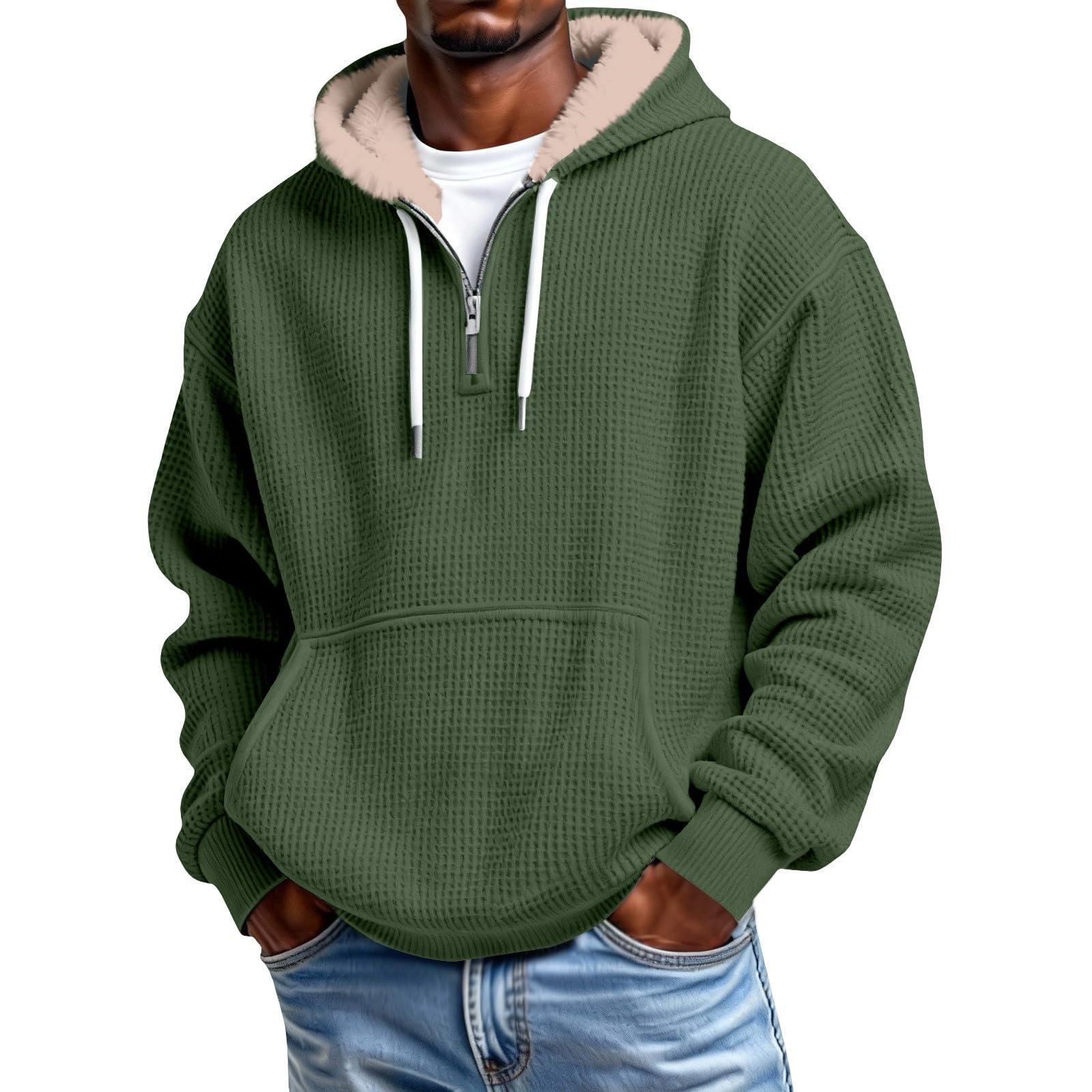 Mens Hoodies Pullover Quarter Zip Casaul Long Sleeve Drawstring Waffle Knit Hooded Sweatshirt with Pocket