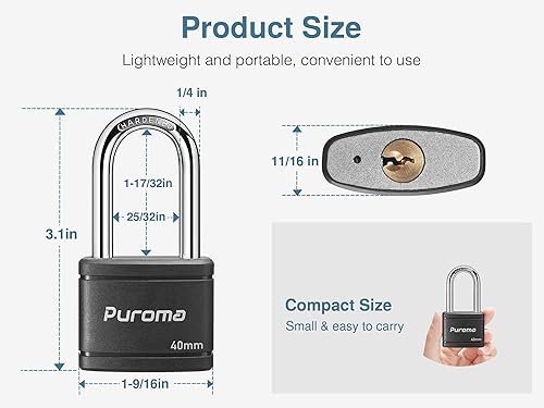 Miniatura 2 de Puroma Candado con llave con 2 llaves iguales, cerradura de casillero de 1.8 pulgadas, cerraduras de alta resistencia para puerta, cerrojo, caja de