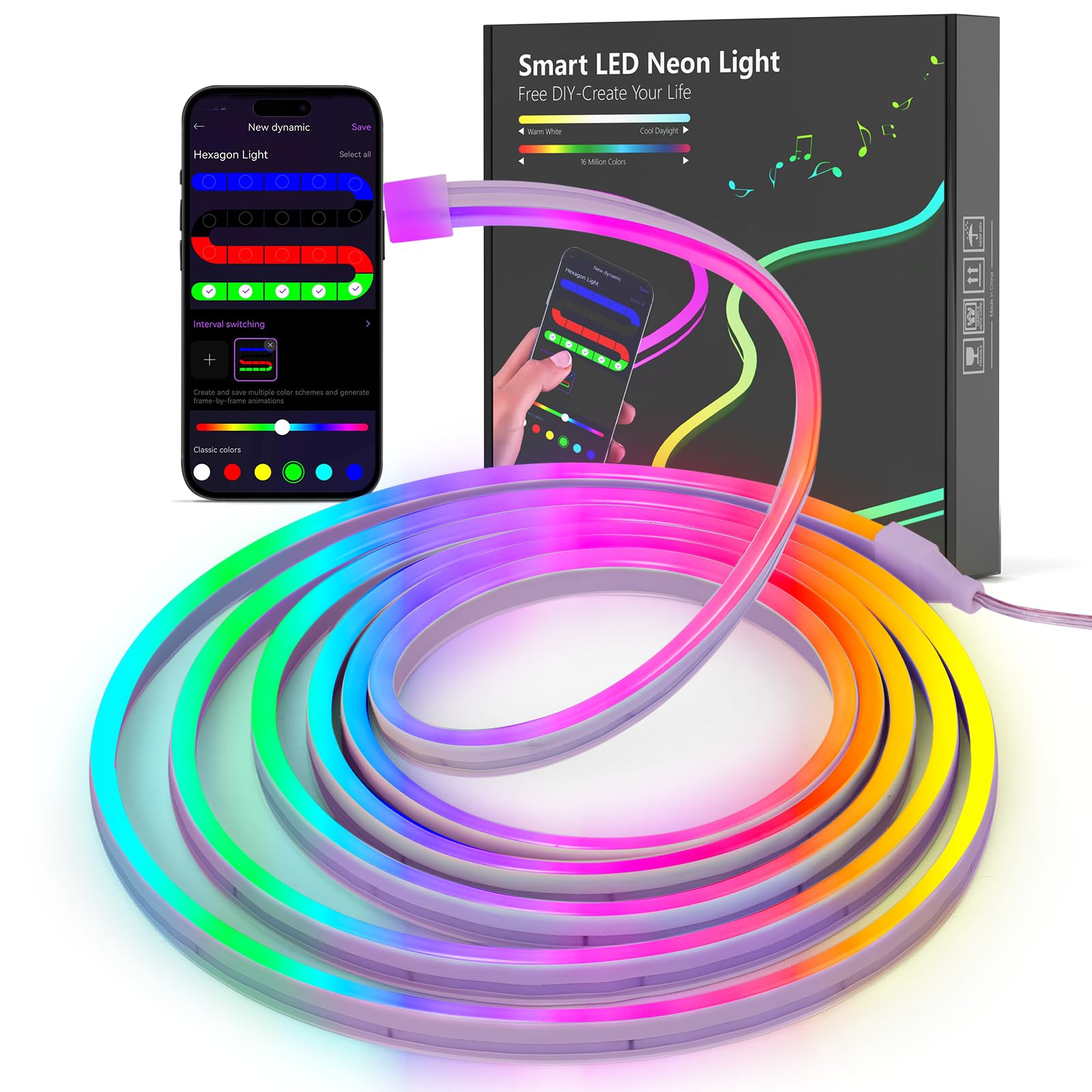 Kangtaixin Neon Striscia LED 3 Metri, Silicone Luci al Neon Flessibile Funziona con APP, DIY Forma, Sincronizzazione Musica, Camera, Cortile, Giardino, Patio, Gaming, Festa Decorazione