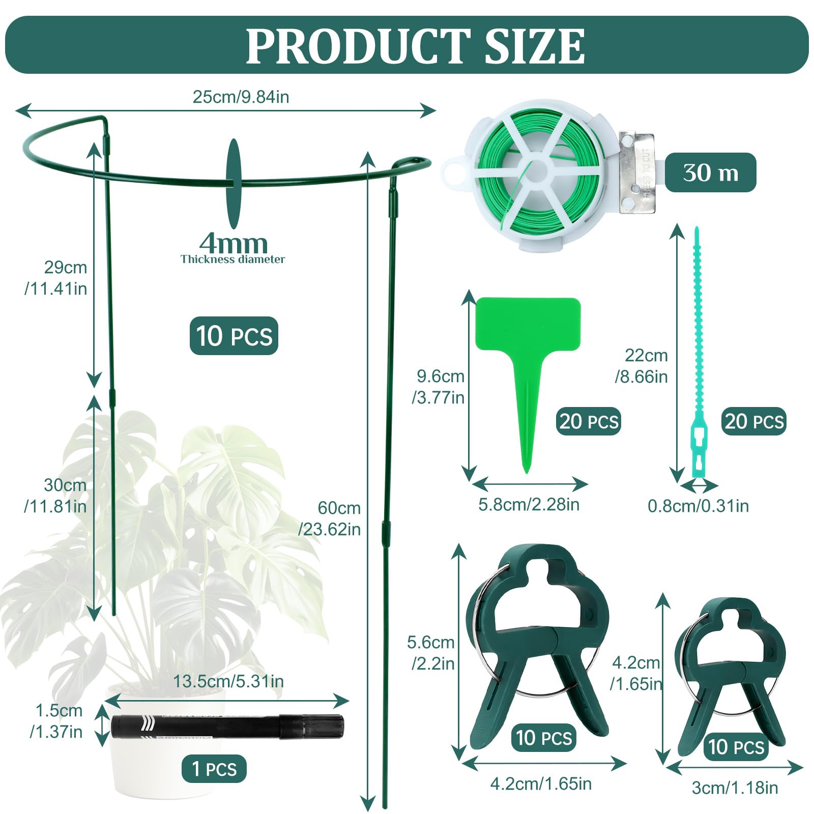 10 Pièces Tuteurs pour Plantes, 25 * 60CM Demi Rond Supports de Plantes Réglables, Jardin Plantes Support Pile Anneau Cage, Anneaux de Support en Métal Demi Ronds pour Pivoines Hortensias Roses Sédum