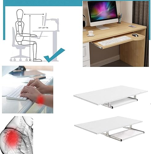 Miniatura 4 de V3VOGUE Bandeja ergonómica para teclado de madera, estantes de almacenamiento debajo del escritorio, cajón de teclado fácil de deslizar con riel de