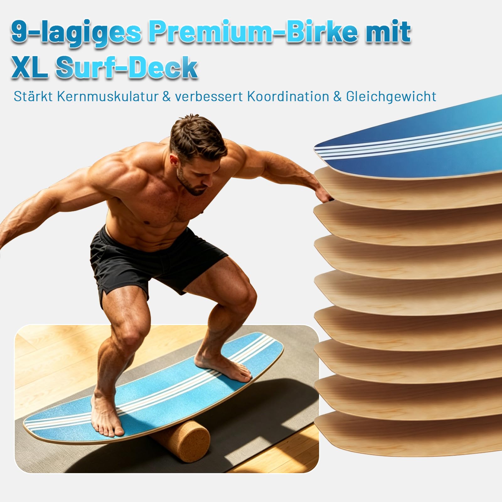 Balance Board Erwachsene Wackelbrett, Gleichgewichtstrainer Holz, Balanceboards für Fitness, Surfin Balance Board, Yoga & Koordination, Korkrolle & Halbkugel und Ball, Rutschfest bis 200kg