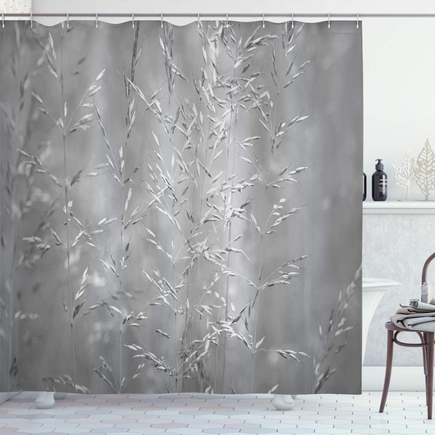 Ambesonne Botanic Shower Curtain, Blur Meadow Grass Plant Herb in Countryside Rural Seasonal Picture Artwork, Cloth Fabric Bathroom Decor Set with Hooks, 75" Long, Pale Azure