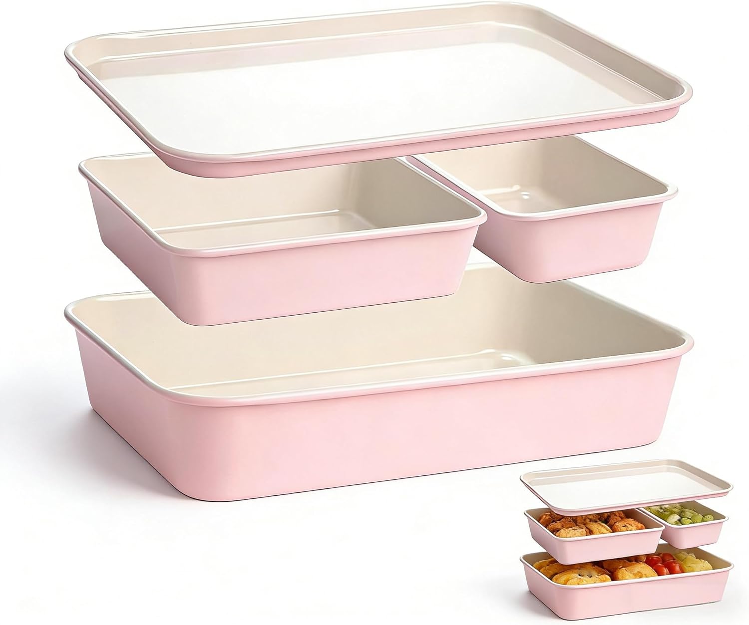 Pink Baking Set of 4, Non-Stick Baking Sheet, Loaf Pan & Cake Pan, Carbon Steel Stackable Cookware, Stylish Pink Pots and Pans Set