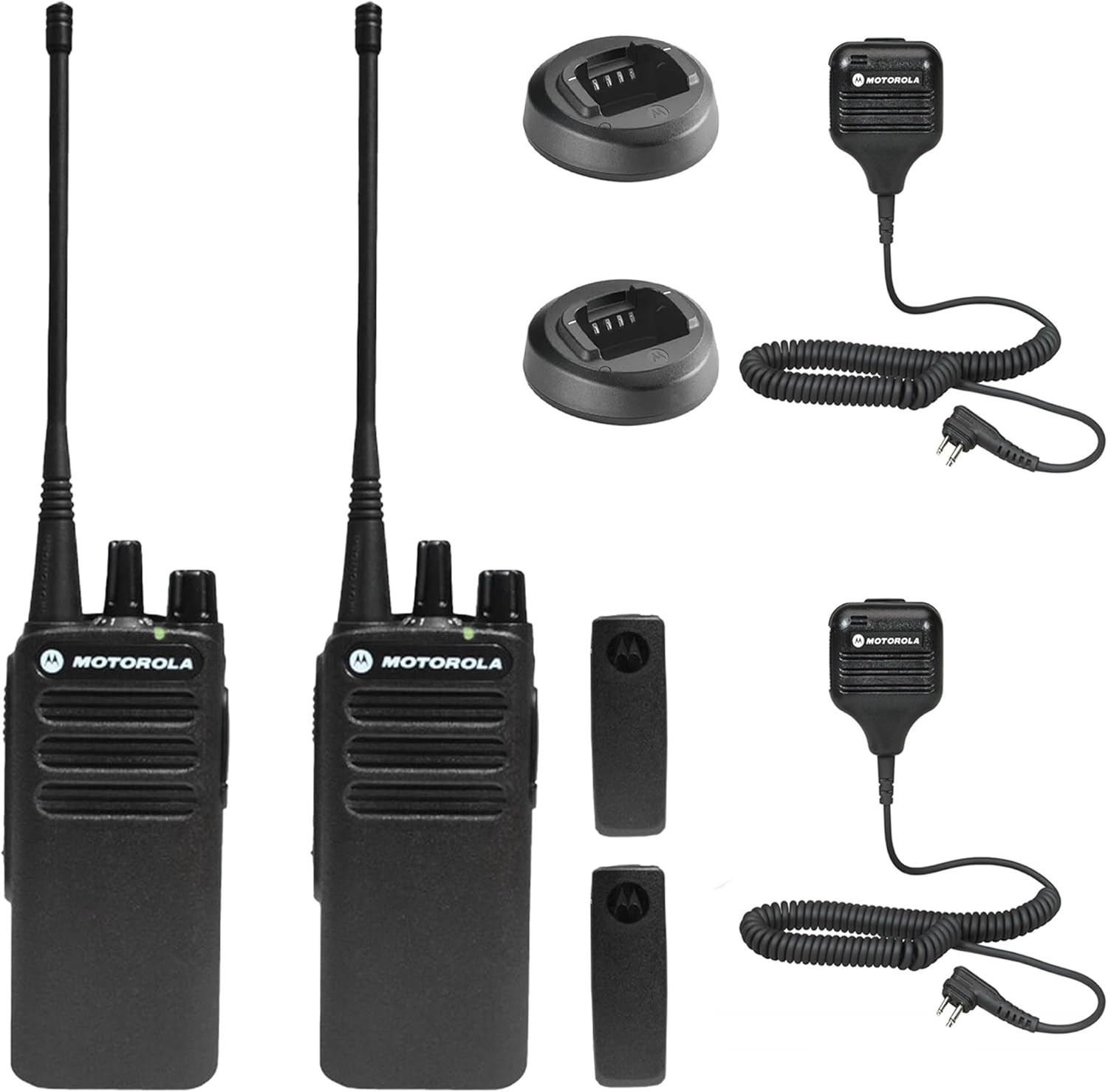 2 x Motorola CP100D Analog UHF Portable Non-Display Two Way Radio, 16 Channel, 4 Watt (403-480MHz) + 2 x HKLN4606 Remote Speaker Mic - 2 Pack with Mic Bundle