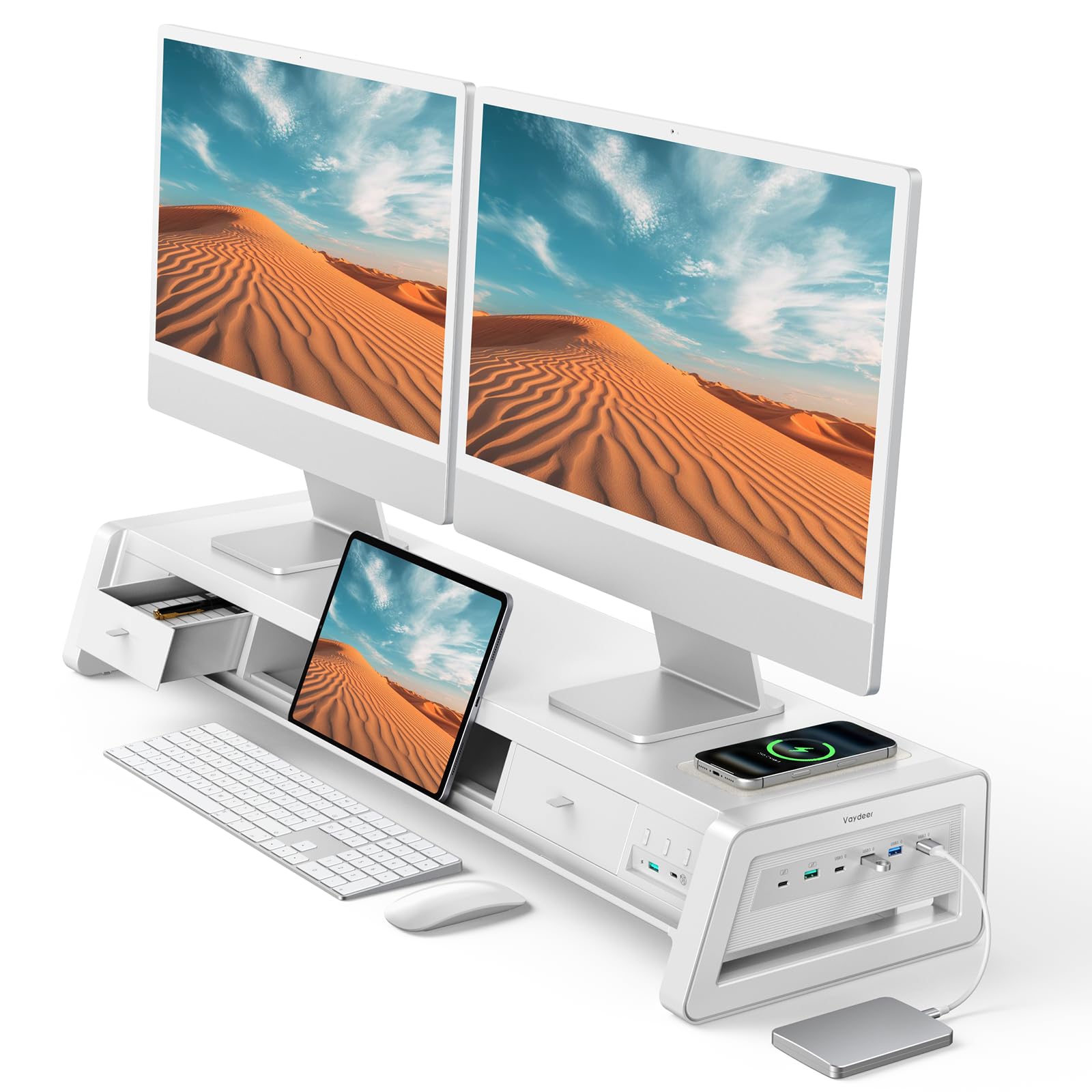 Vaydeer All-in-One Dual Monitor Stand Riser with 2 Drawers, 8USB Ports and Wireless Charging Pad with LED Light Strip for 2 Monitors , Desk Organizer for PC, iMac (Metal, 39.3 inches)-White