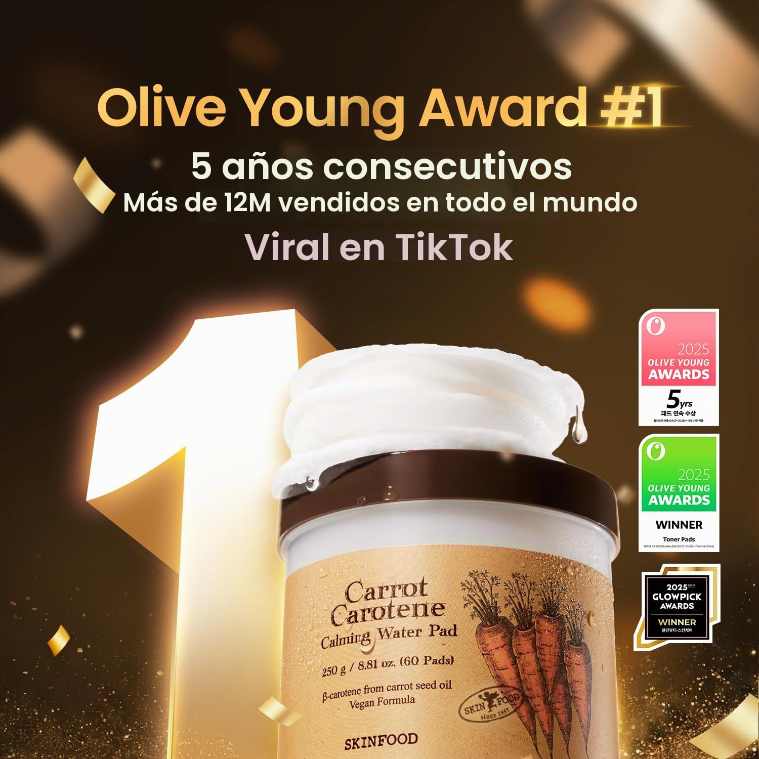 SKIN FOOD since 1957 Almohadilla de agua calmante de zanahoria caroteno 250 g (8.81 oz.) 60 hojas - Alivio del enrojecimiento Almohadillas de algodón faciales calmantes para pieles sensibles
