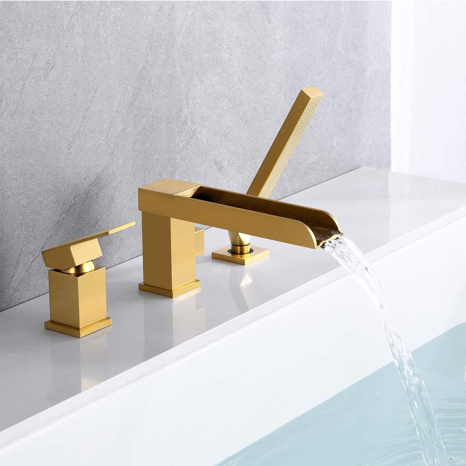 Grifo de bañera en Cascada Dorado Cepillado, Grifo de bañera con Ducha de Mano, Grifo de bañera Monomando de Montaje en Cubierta, Grifo Mezclador de baño de latón,